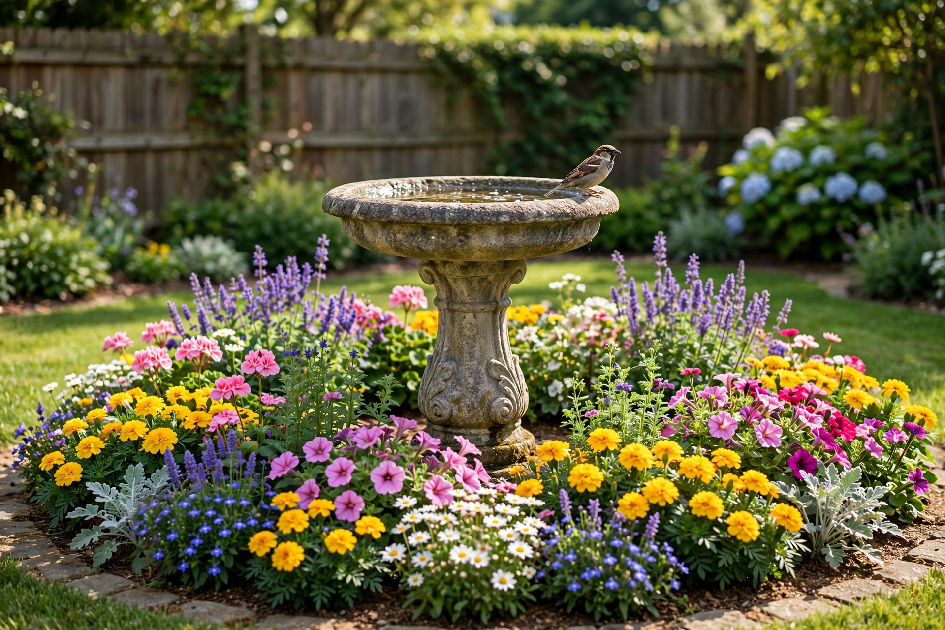 A stone bird bath in the center of a circular flower bed with layered blooms and a visiting songbird