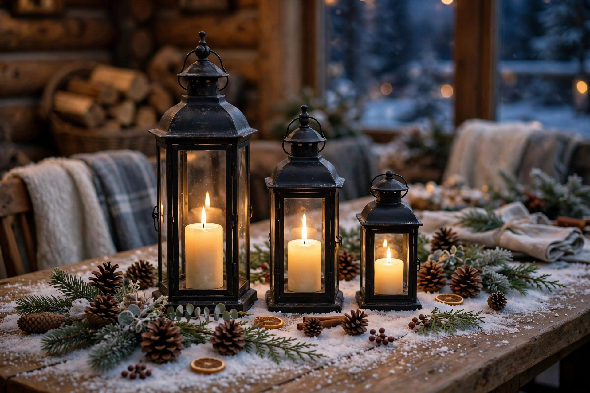 Row of candlelit lanterns as a winter table centerpiece