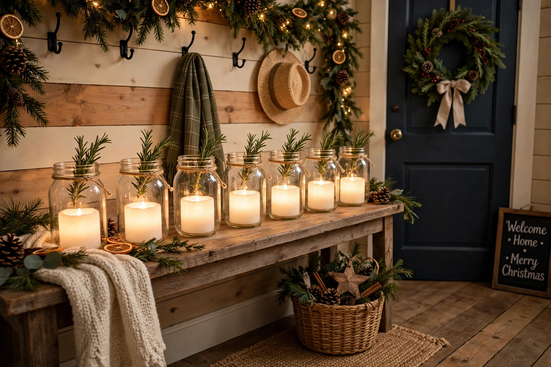 Row of mason jars with candles glowing in a Christmas entryway