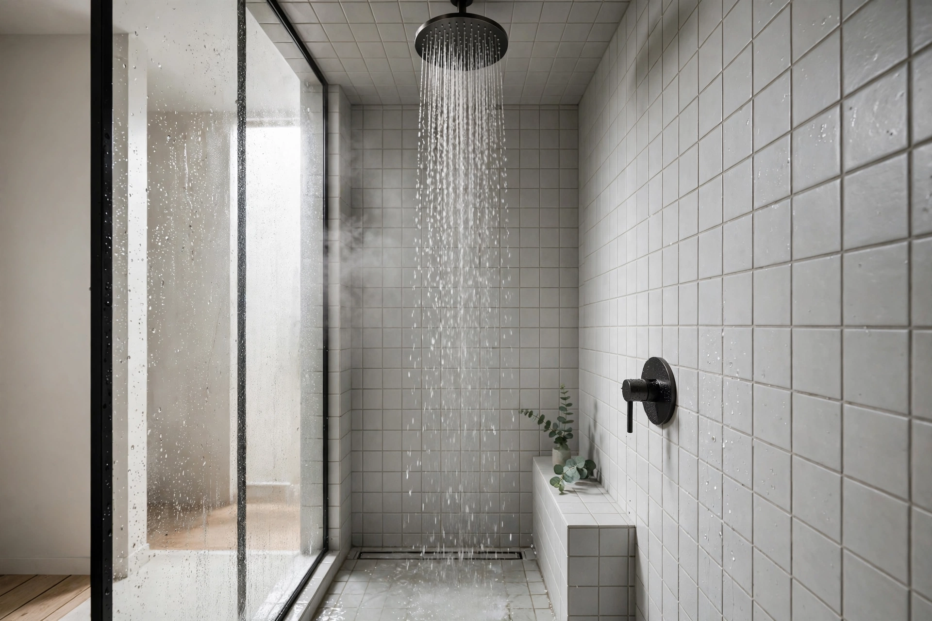 Ceiling-mounted rain showerhead — small bathroom idea