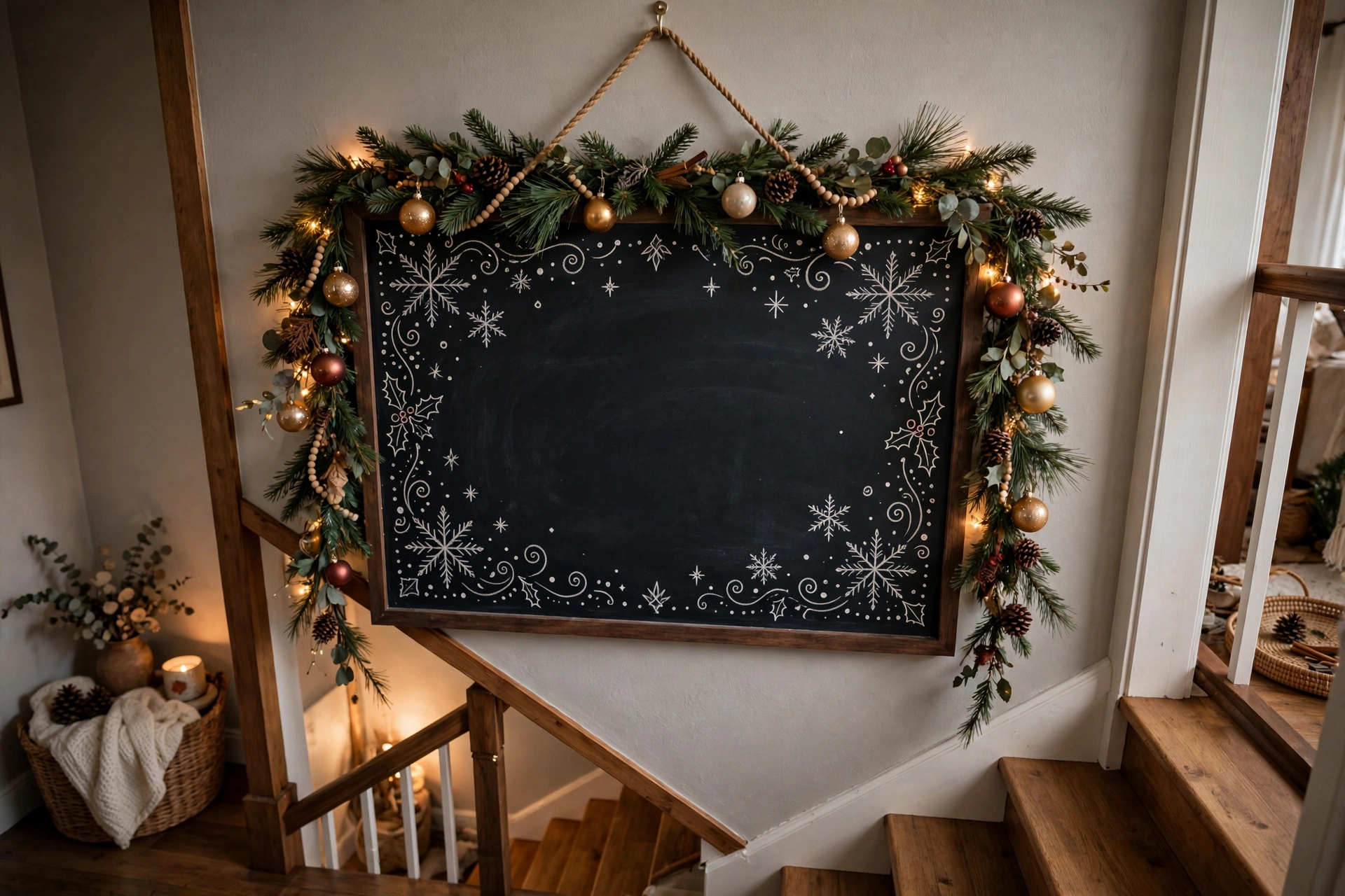 Large chalkboard Christmas countdown sign on a stair wall surrounded by garland.