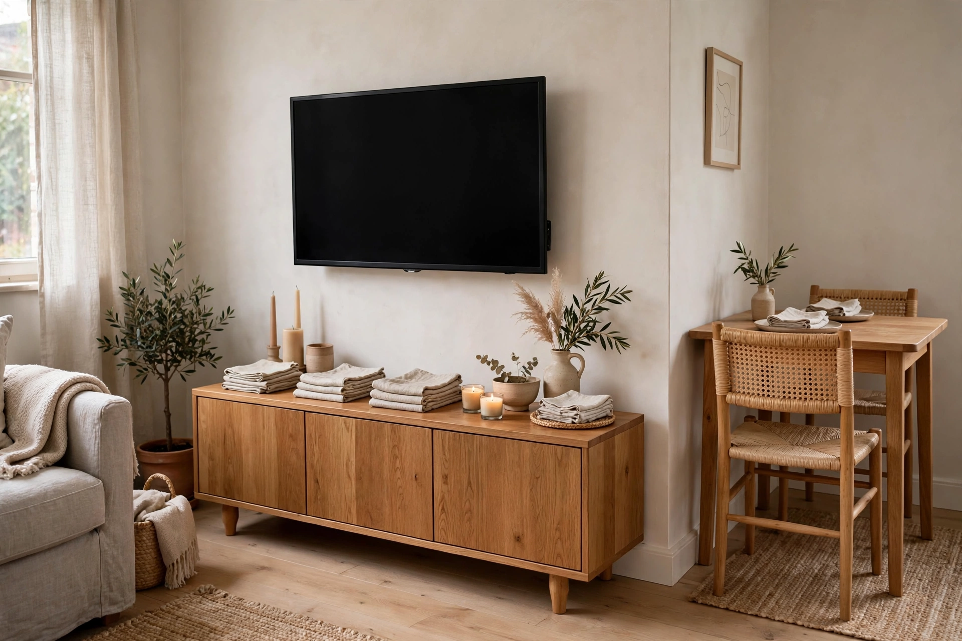 Low media console under a TV doubling as a dining sideboard in a combo room.