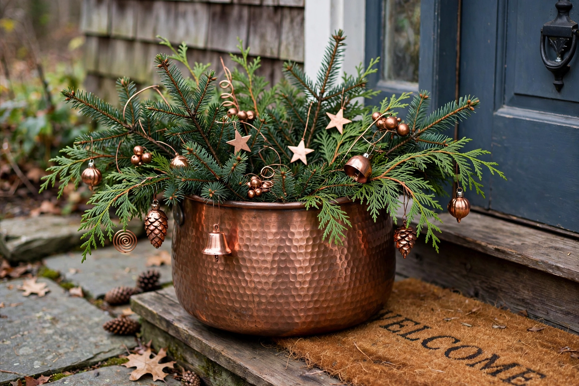 Hammered copper pot with spruce, cedar and copper ornaments on a doorstep.