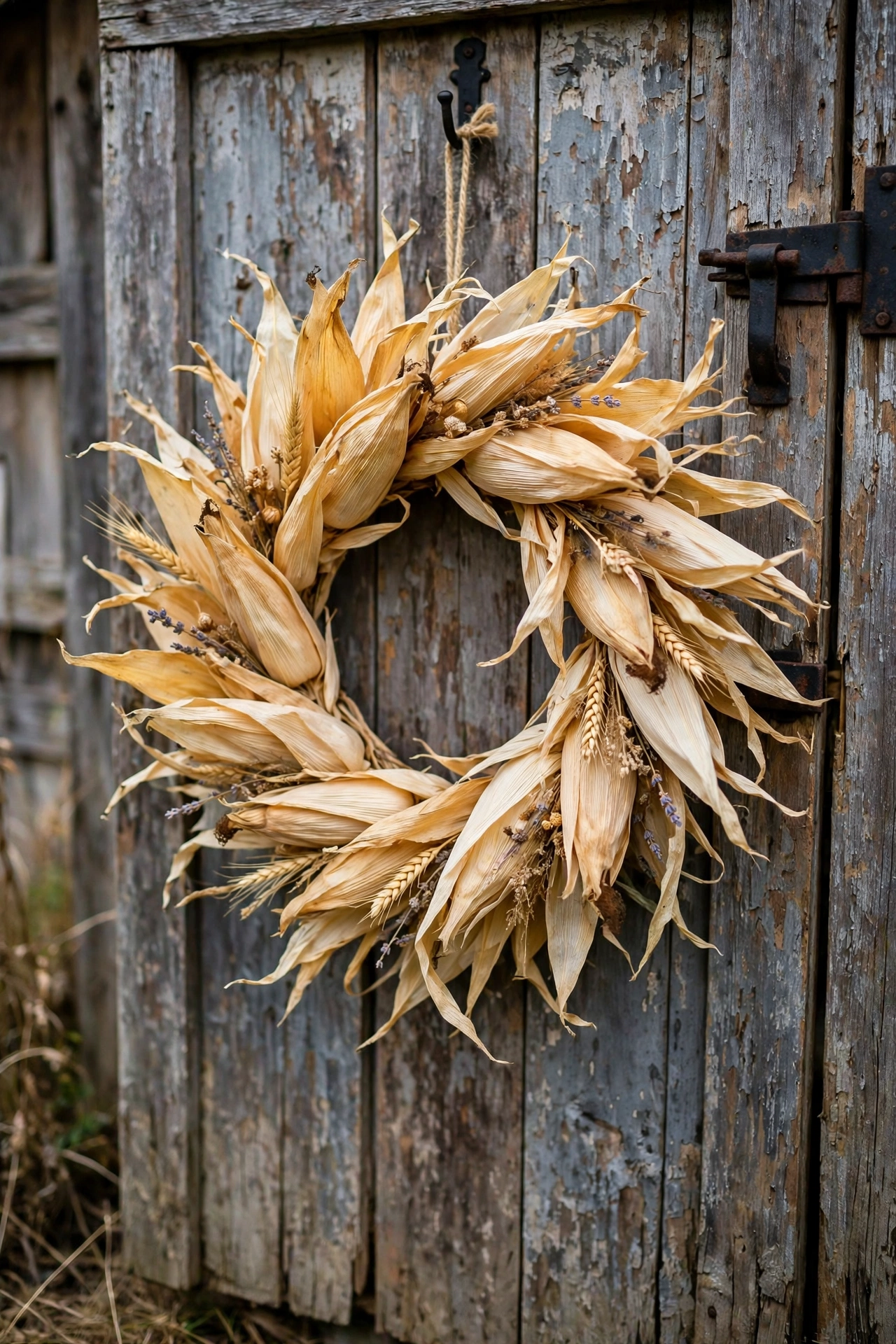 Natural corn husk wreath with golden papery texture hanging on a rustic barn door.