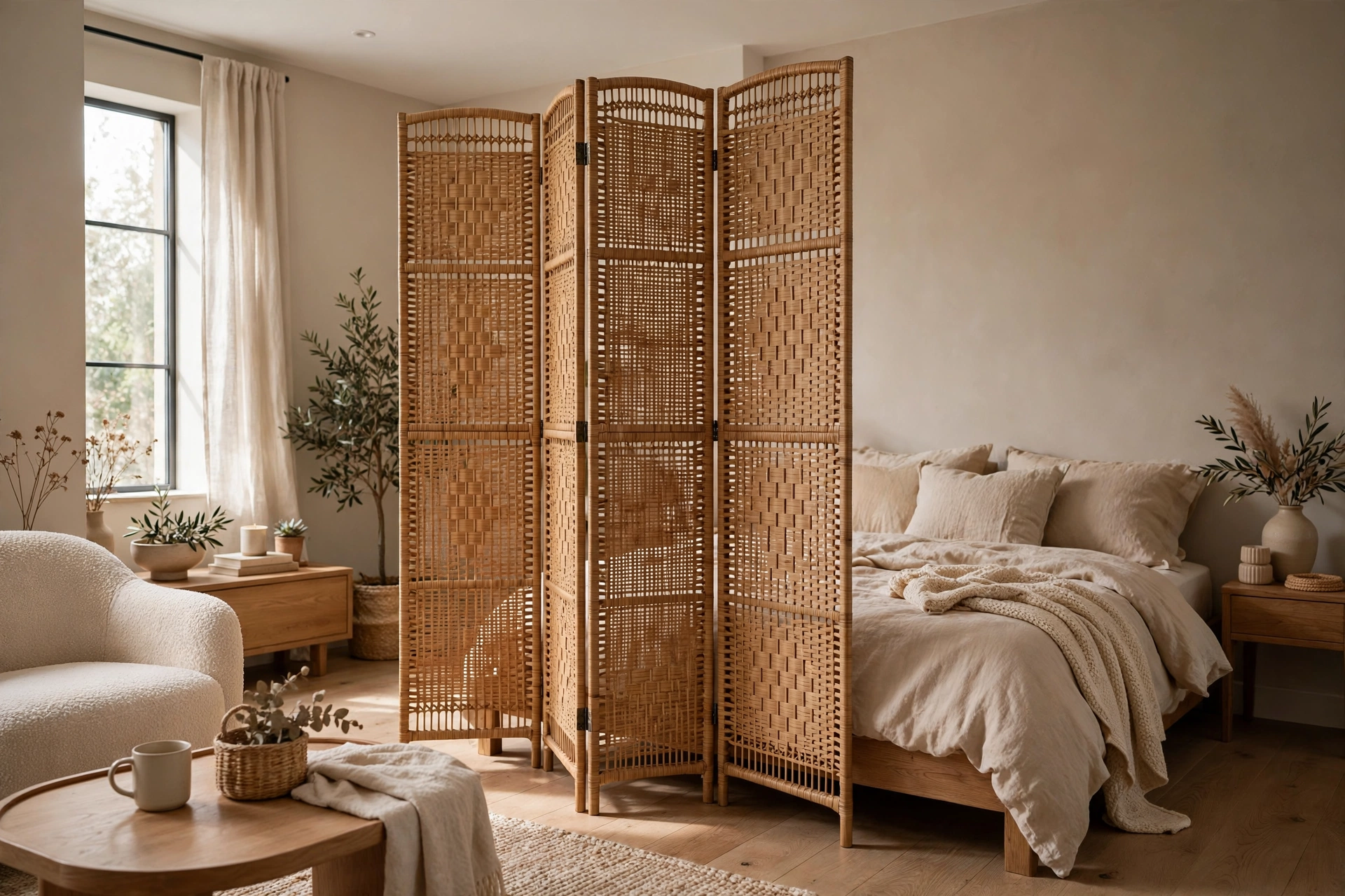 A decorative rattan folding screen partially dividing a bed area in a studio apartment
