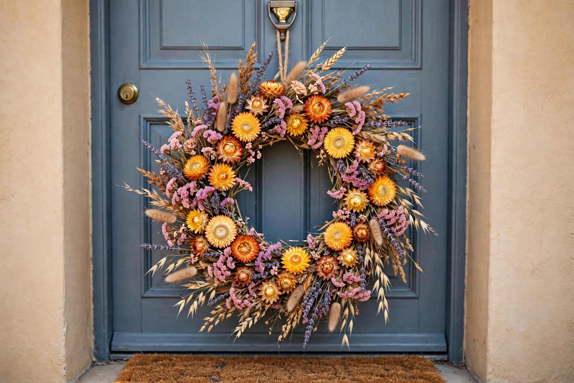 Dried flower wreath with strawflowers, lavender, and grasses on a front door.