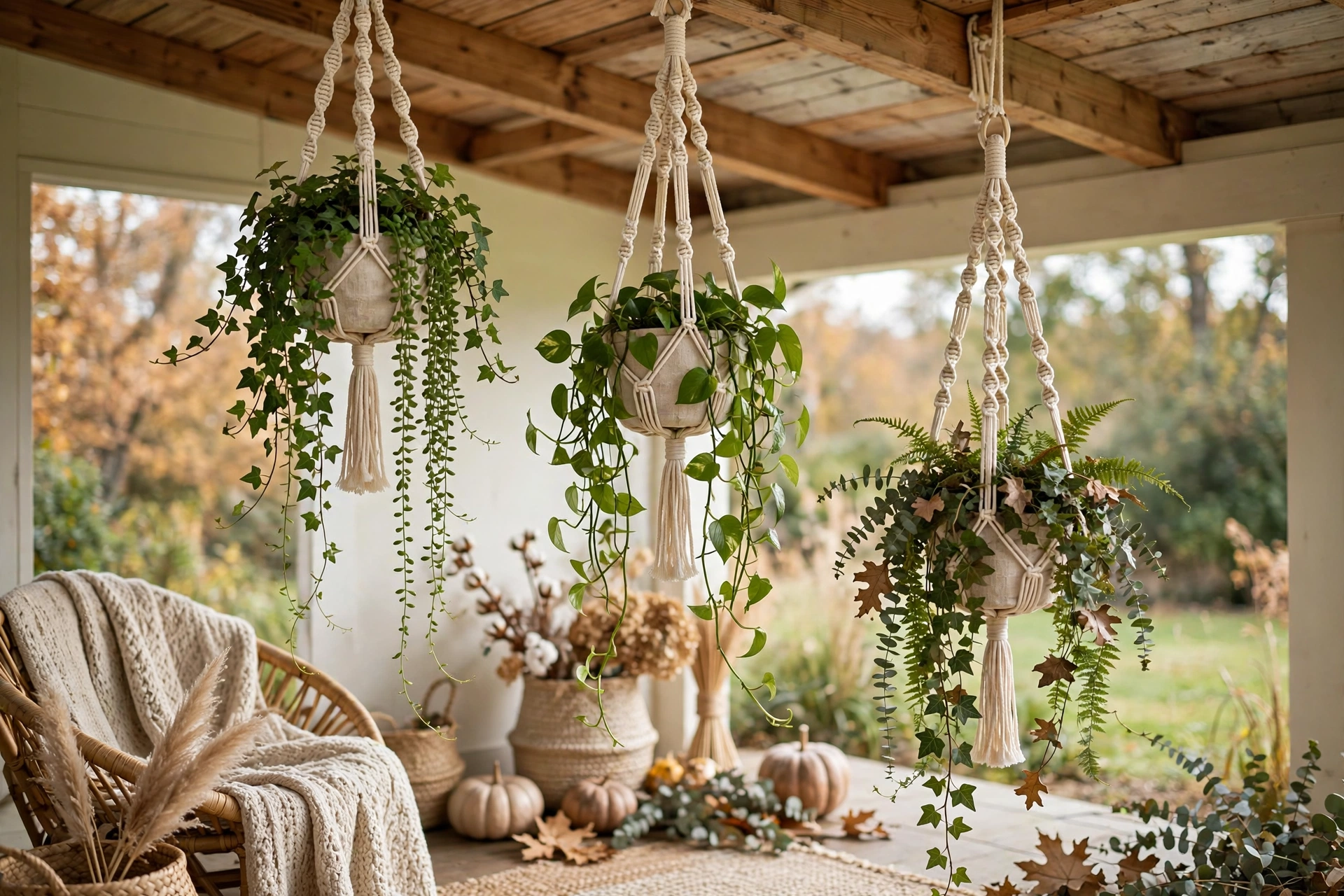 Ecru macrame hanging planters with trailing greenery on a porch ceiling.