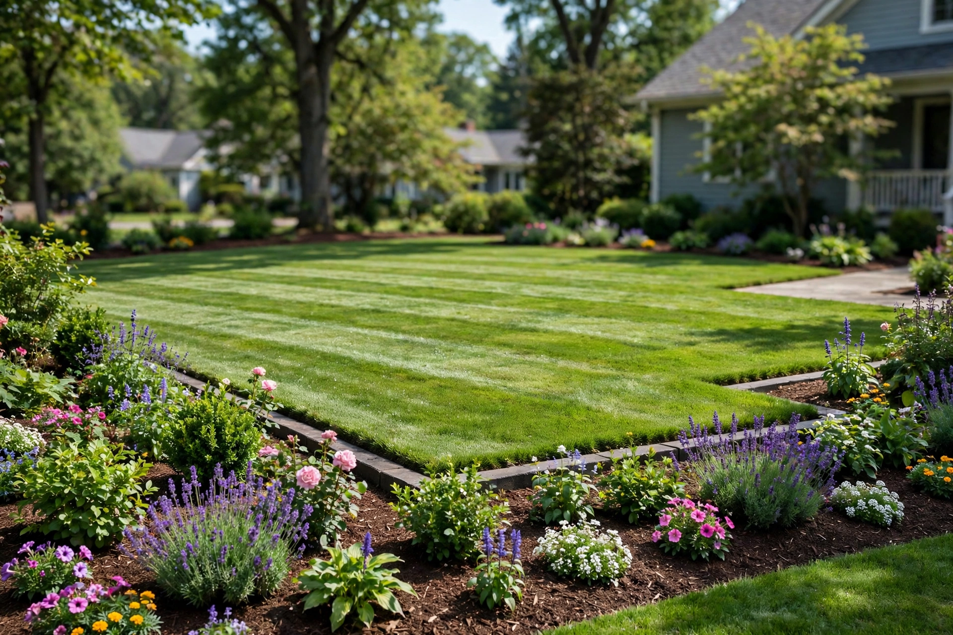 Freshly mowed front lawn with crisp edged borders along flower beds.