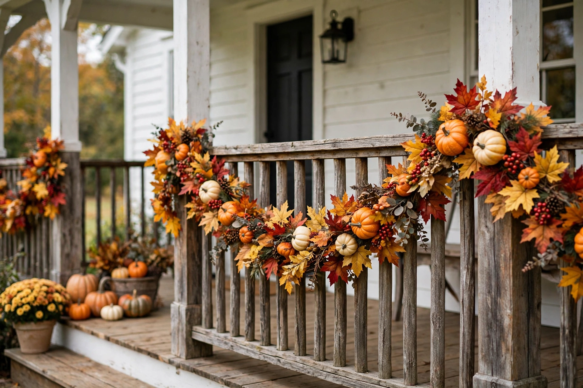 Fall garland with leaves, berries, and mini pumpkins draped on a porch railing.