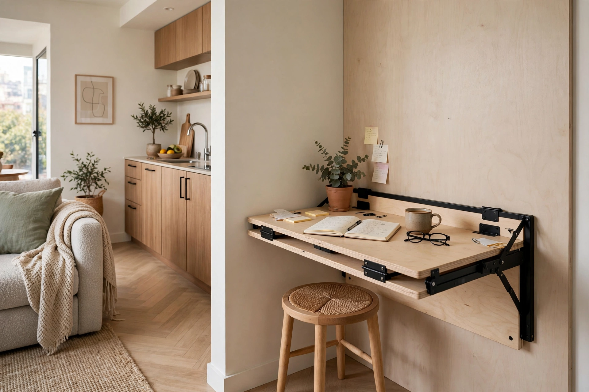 Fold-down wall desk with a stool tucked into a corner of a small open plan.