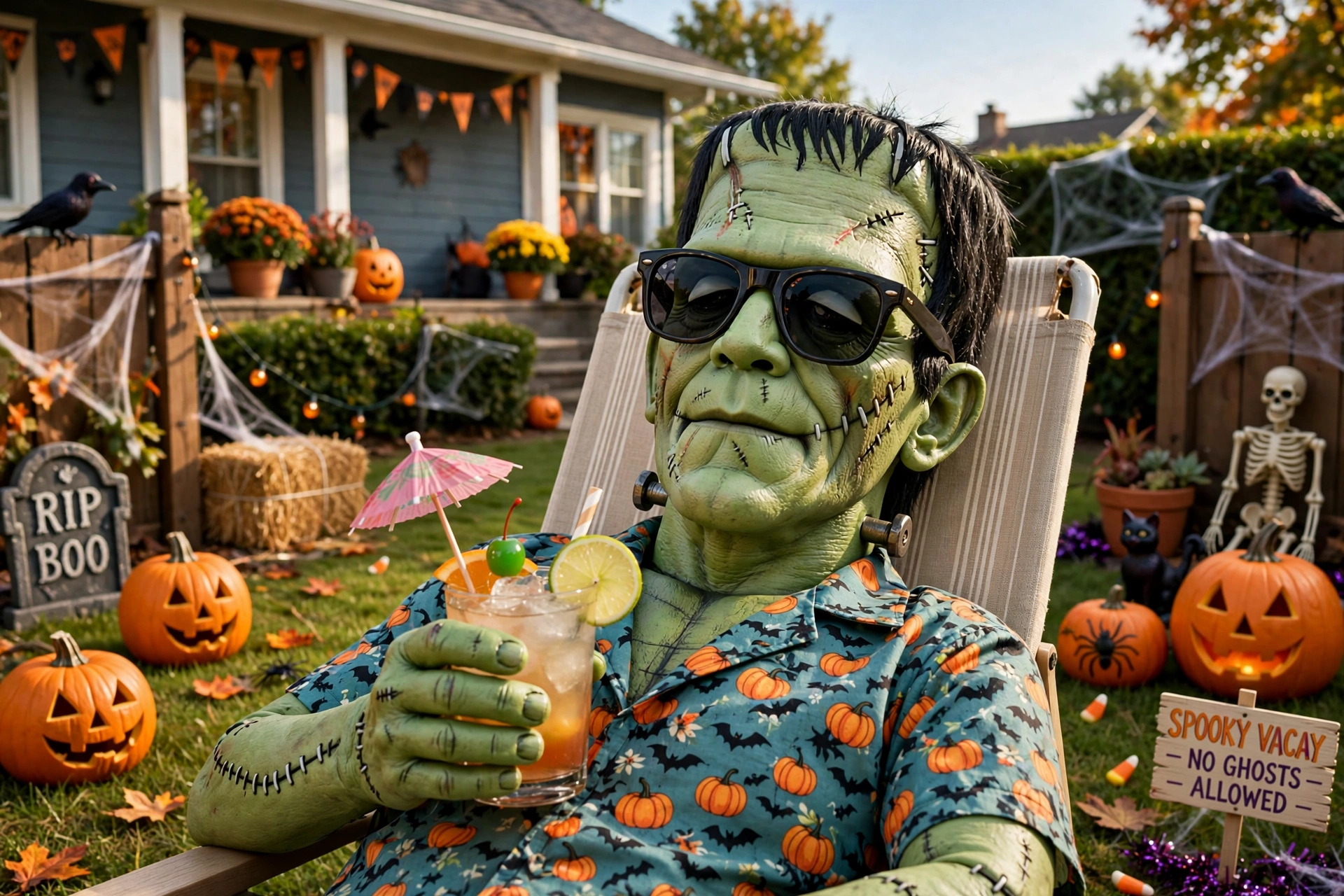Frankenstein monster decoration sunbathing on a lawn chair with sunglasses and a tiny umbrella drink.