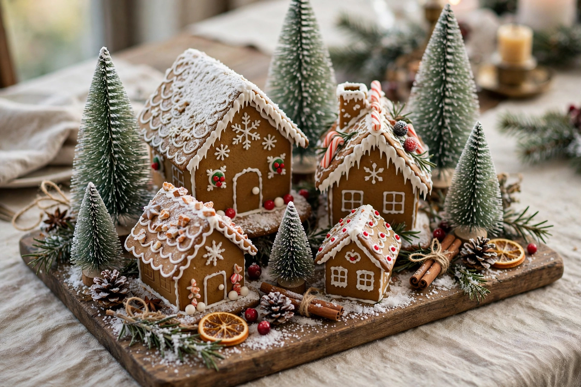 Gingerbread houses arranged on a wooden board with faux snow and bottle-brush trees.