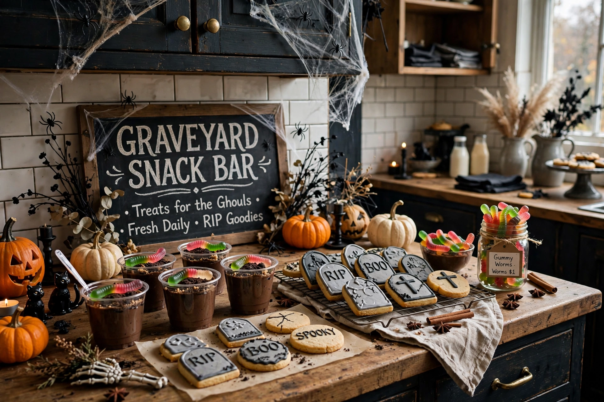 Graveyard snack bar with tombstone cookies, dirt pudding cups and gummy worms.