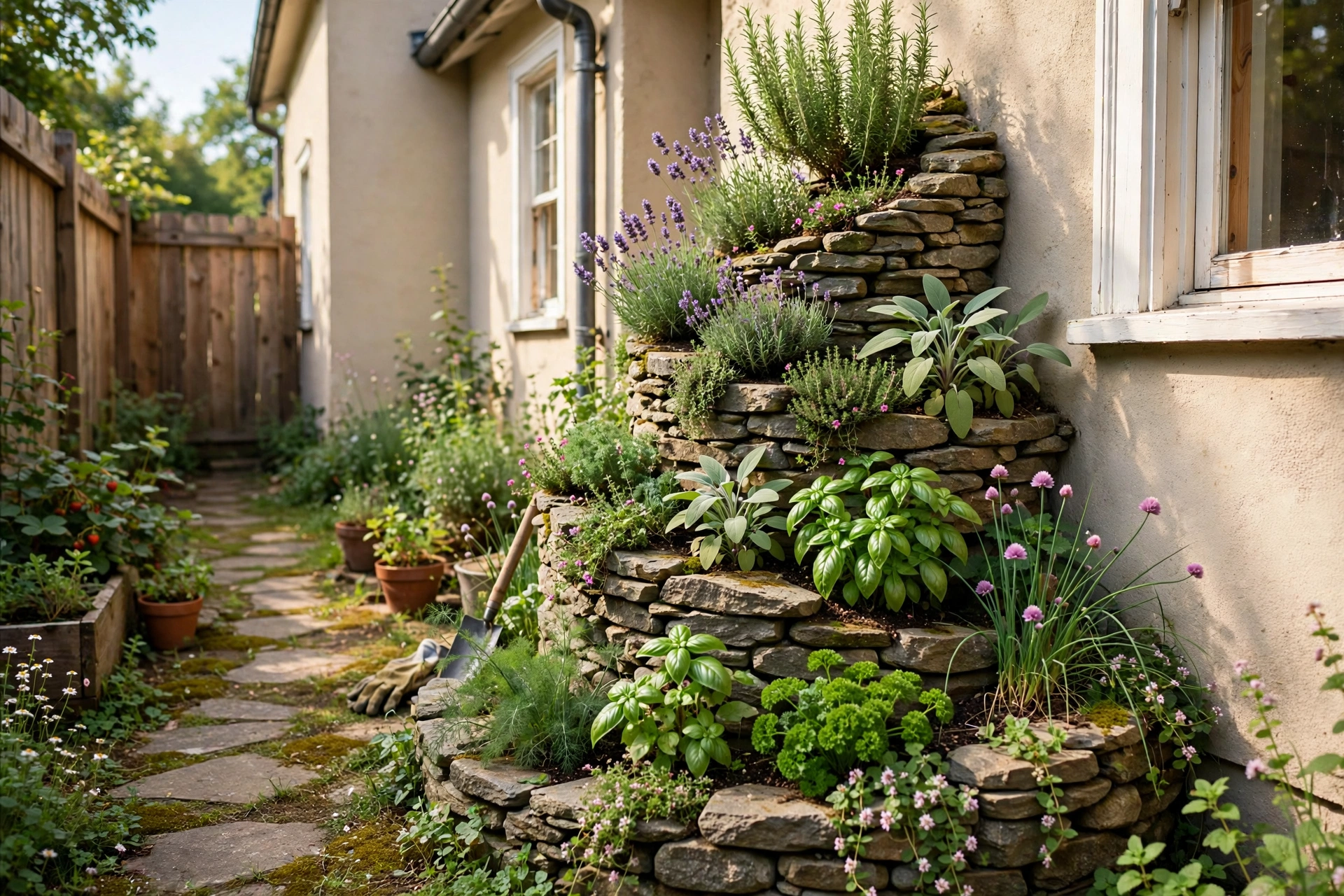 Stone herb spiral garden with various herbs growing, built against a sunny house wall in a side yard.