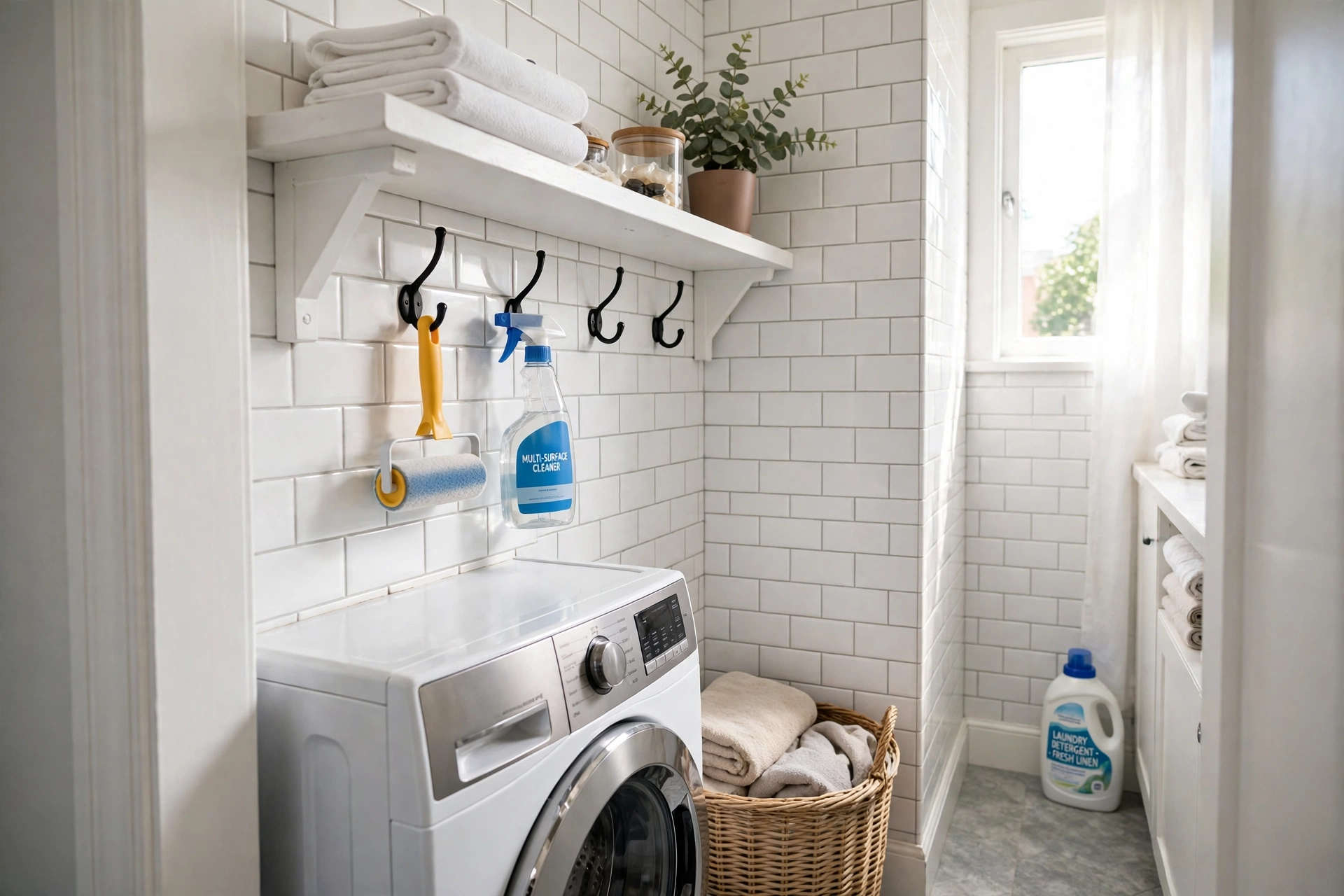 Hooks under the shelf — small narrow laundry room idea