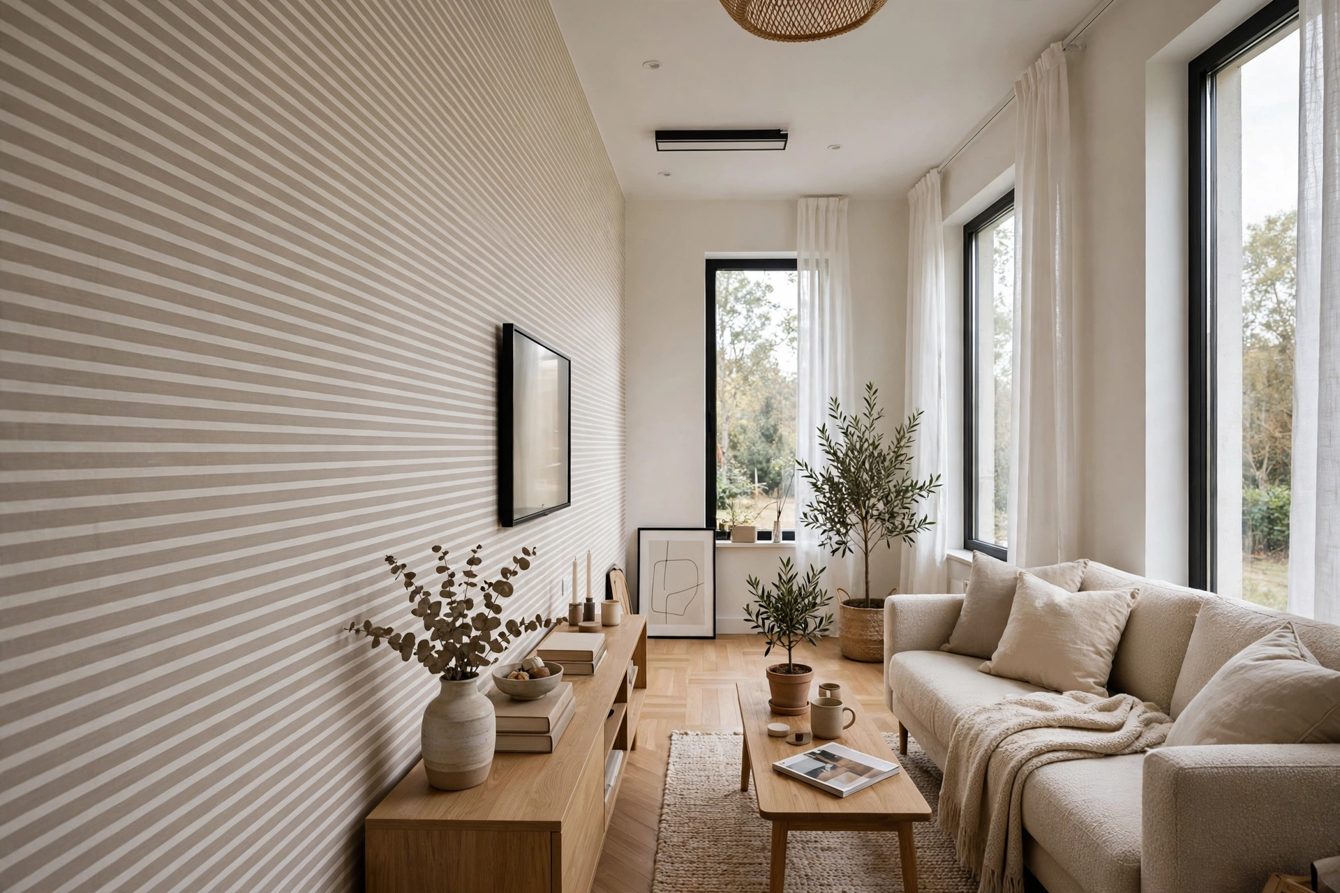 Horizontal stripes to widen — narrow living room idea