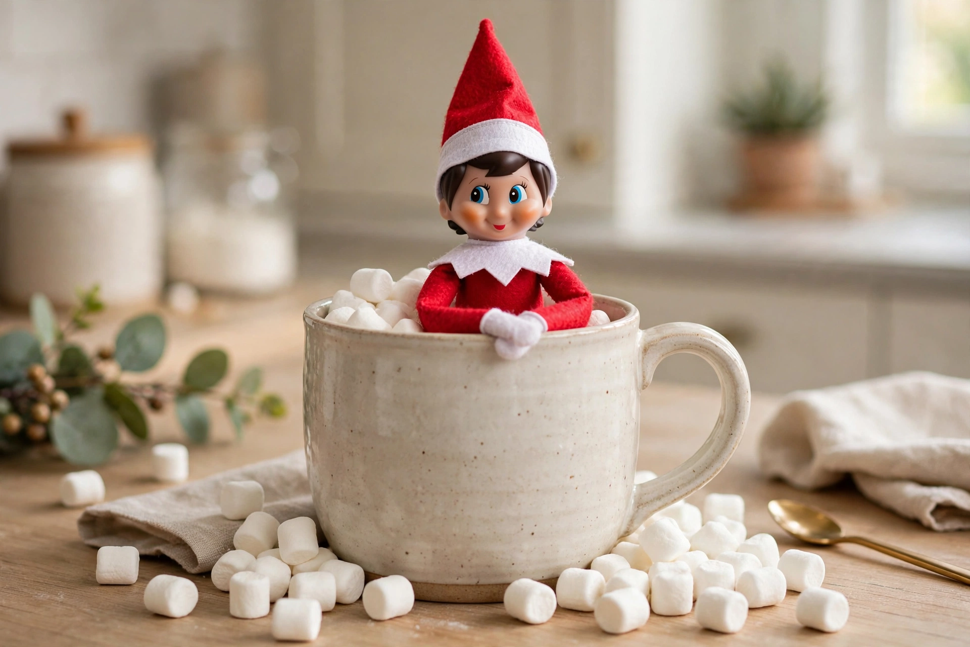 Giant mug of hot cocoa elf arrival — elf on the shelf arrival idea