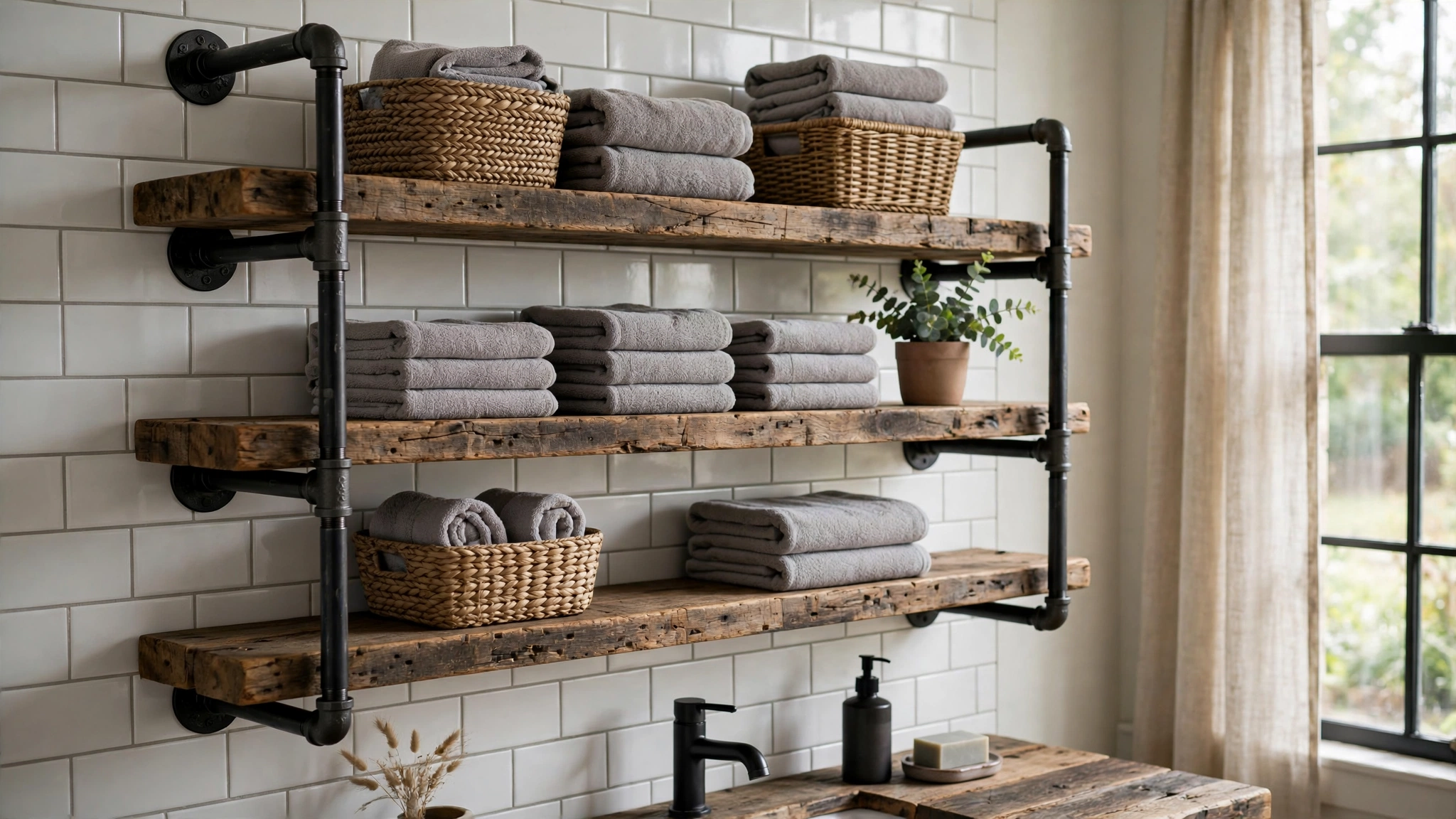 Industrial pipe shelving with black metal pipes and wood boards holding folded towels on a bathroom wall