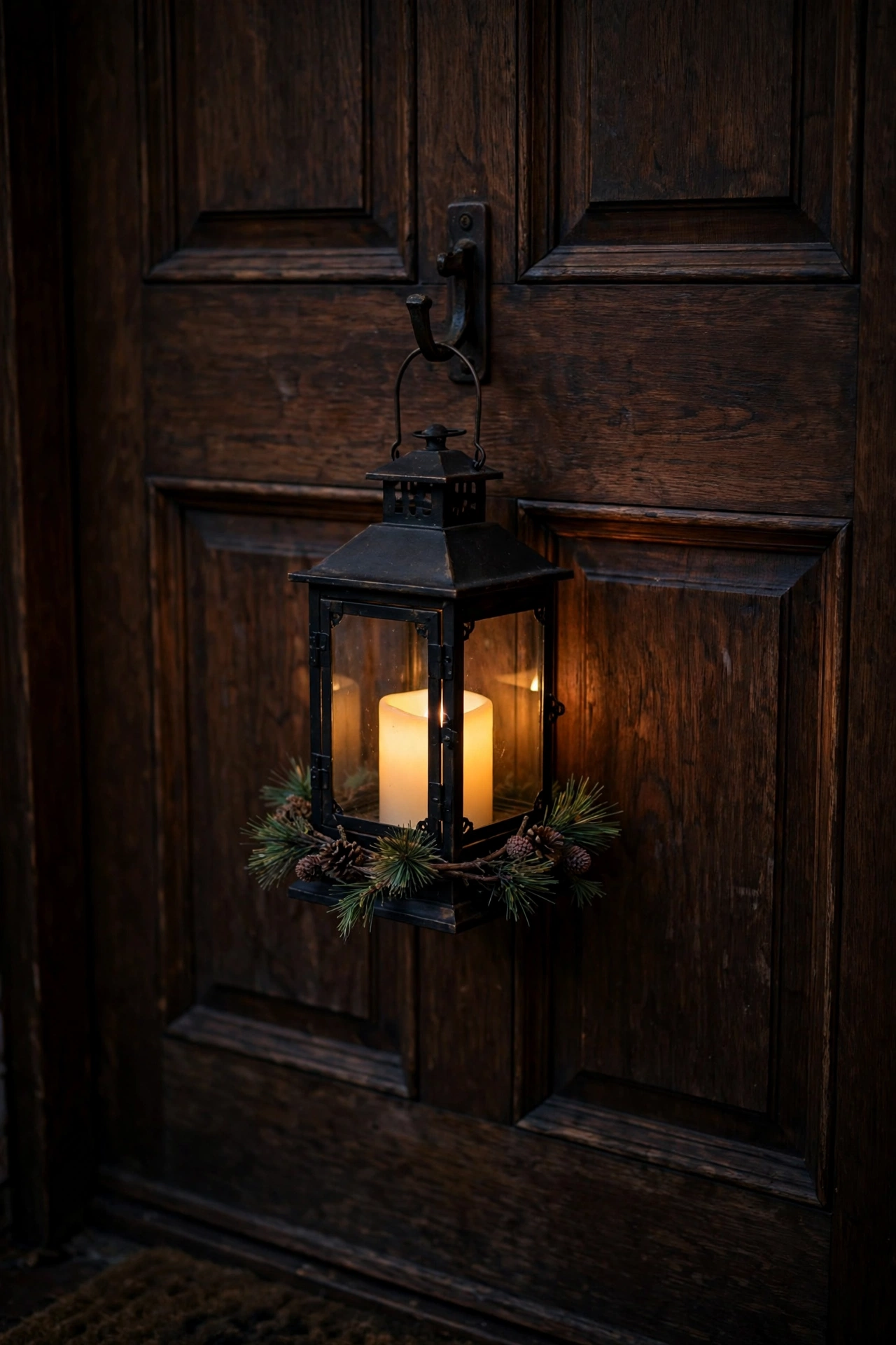 Black metal lantern with a glowing flameless candle and mini pine wreath, hanging on a dark wood apartment door.