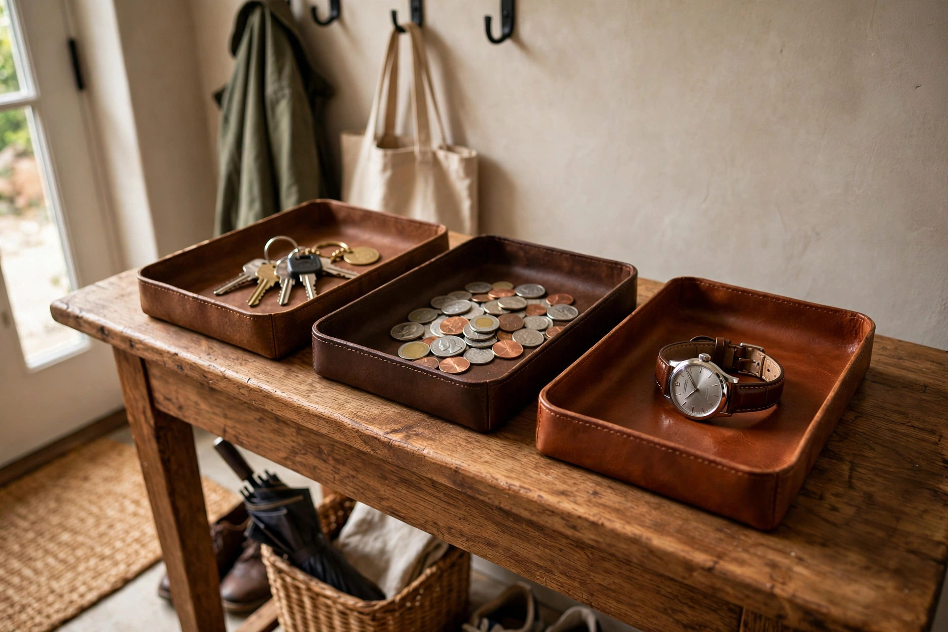 Leather catch-all trays — drop zone idea