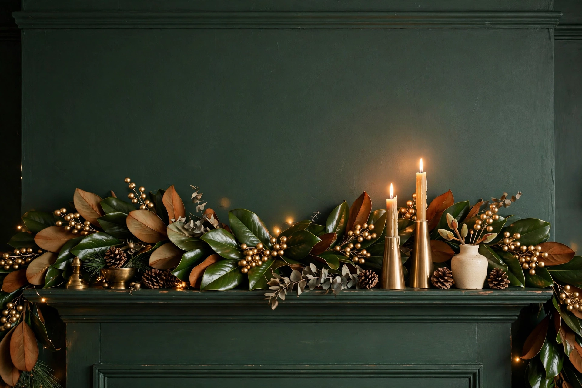 Fresh magnolia leaf garland with gold berry picks on a dark green painted mantel wall.