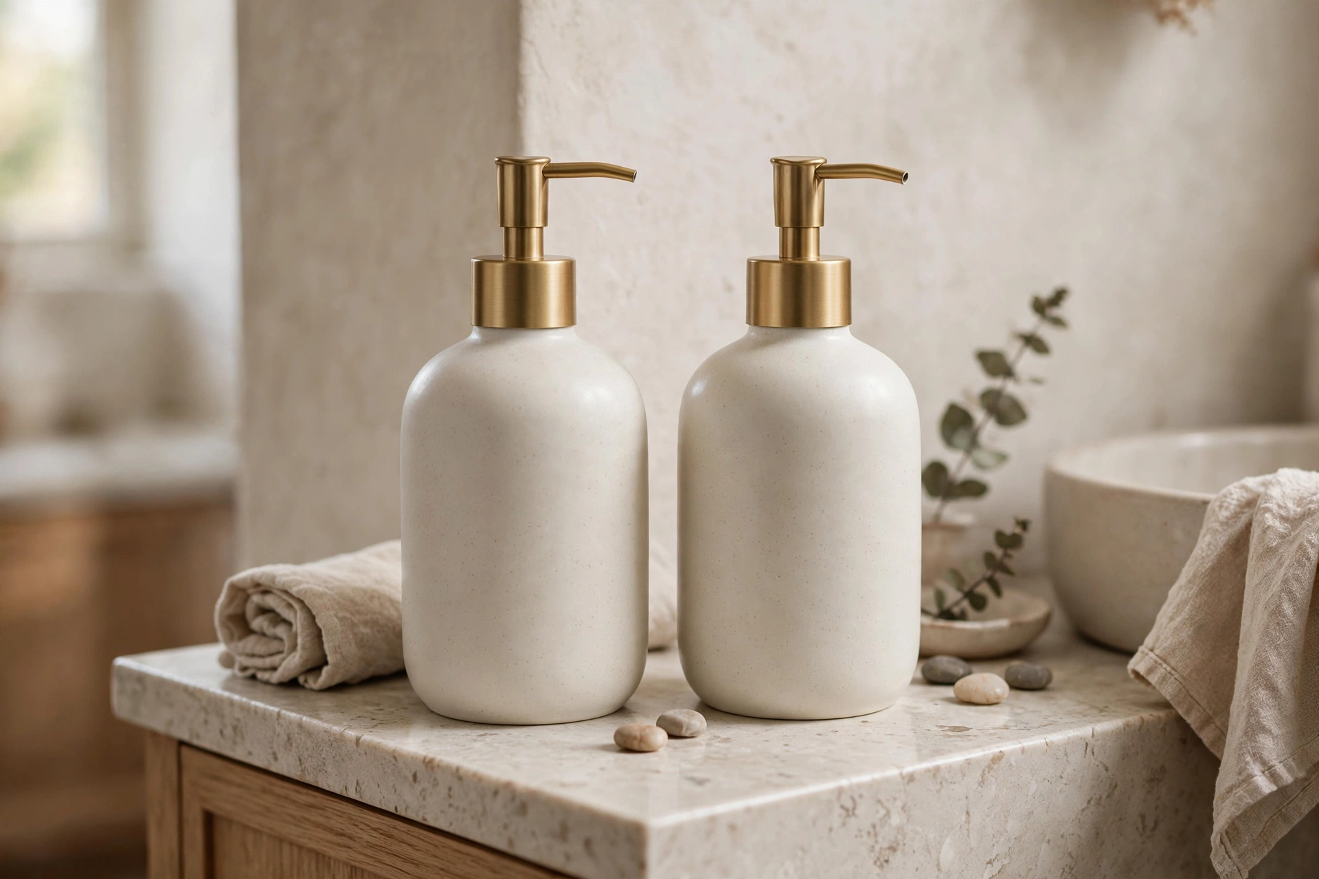 A matching set of refillable soap dispensers on a small bathroom counter in ceramic finish, realistic photo, no text