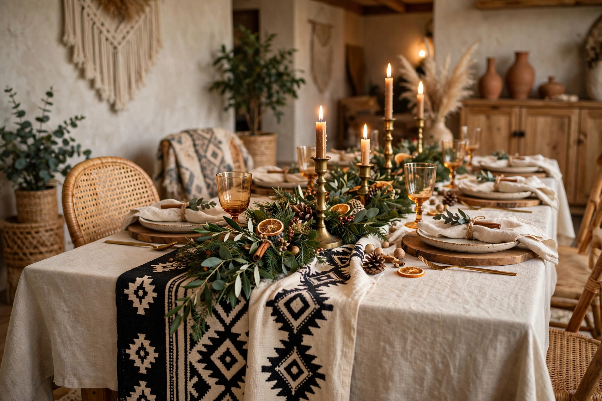 A holiday dining table with a black and cream mudcloth runner and brass candlesticks