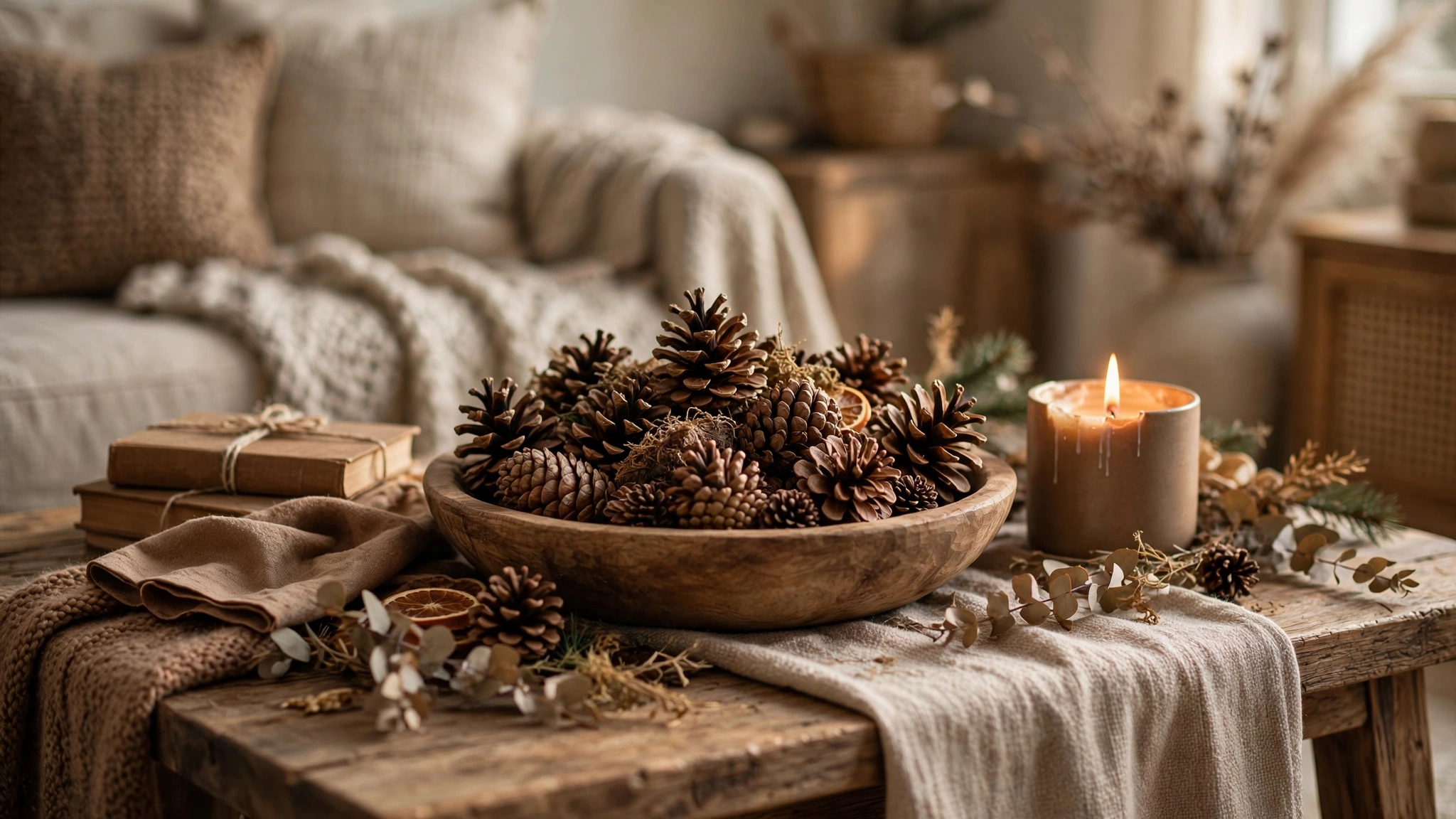 A wooden bowl filled with natural pinecones on a coffee table with a candle.