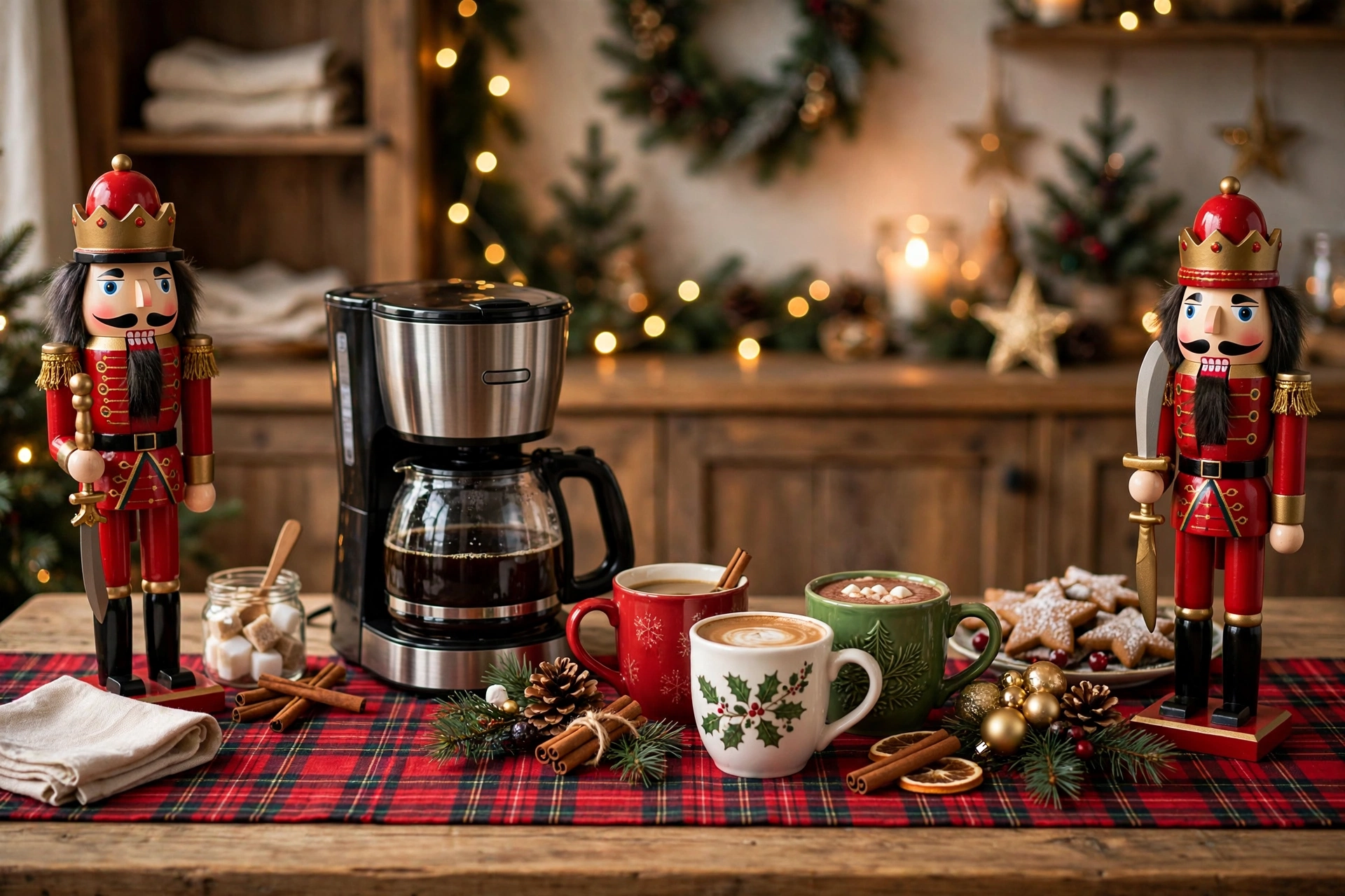 Coffee corner flanked by two nutcracker figurines with plaid runner