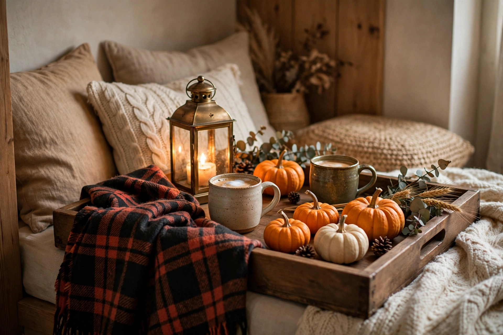 Large tray with a plaid throw, glowing lantern, mugs, and mini pumpkins in a cozy nook.