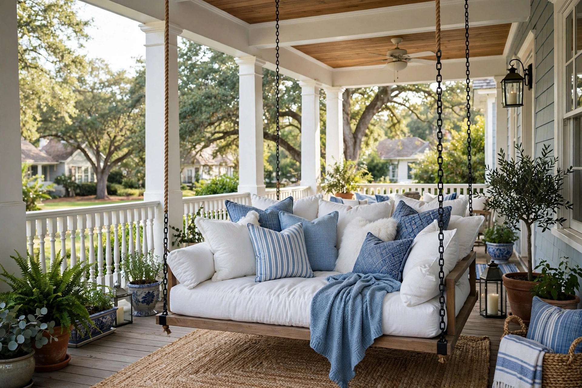 Hanging porch daybed piled with white and blue cushions on a wide front porch.