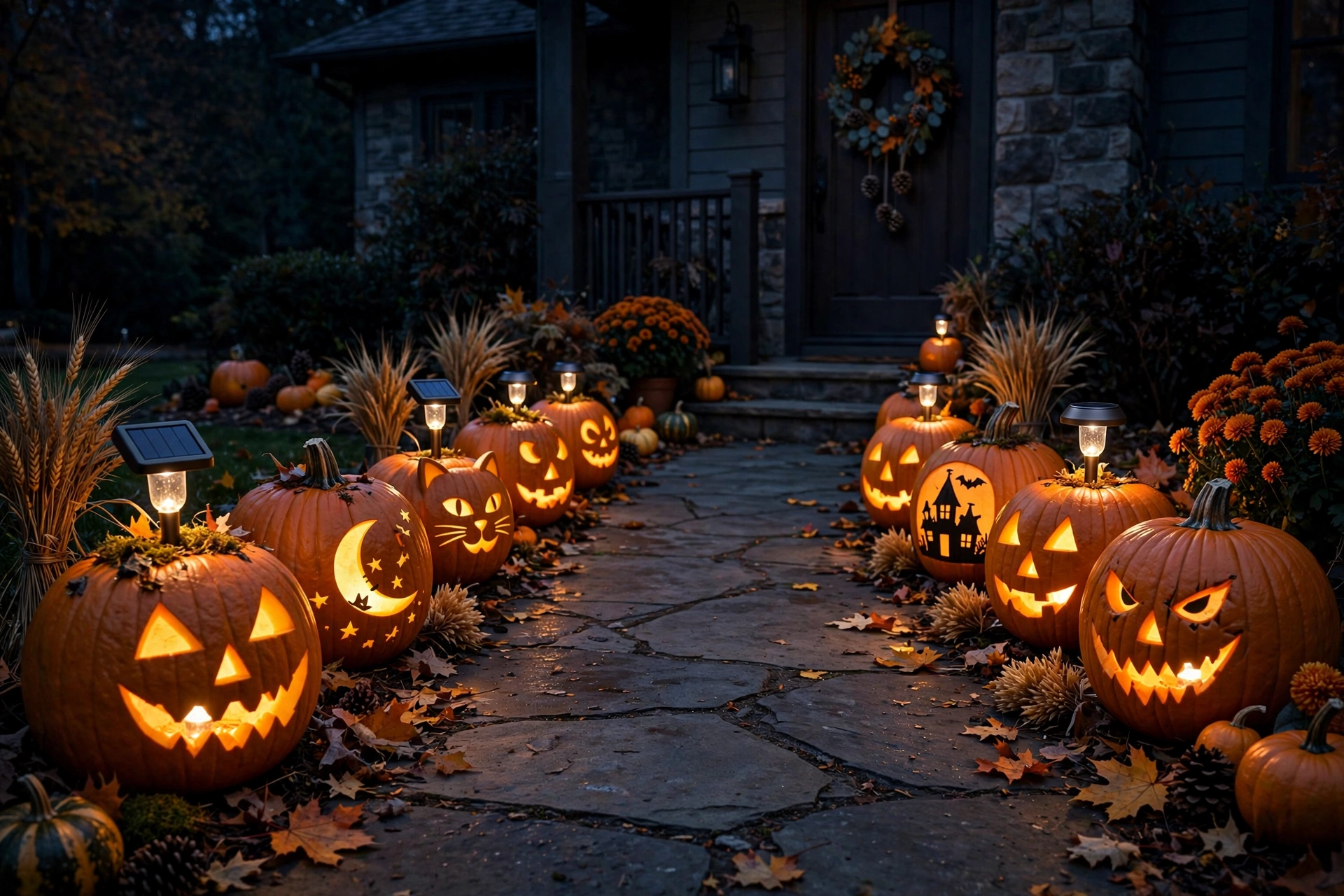 Row of carved pumpkins with solar lights inside lining a front walkway at night.