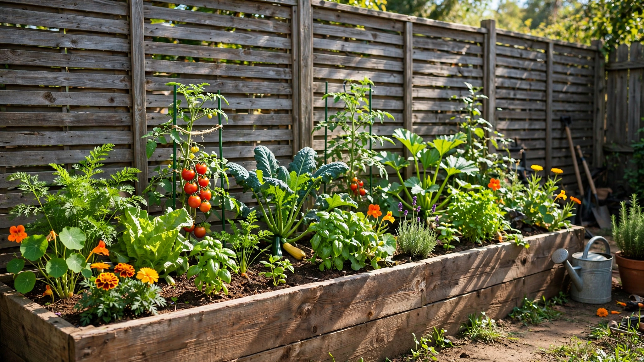 A long wooden raised garden bed full of vegetables and flowers built against a backyard fence.