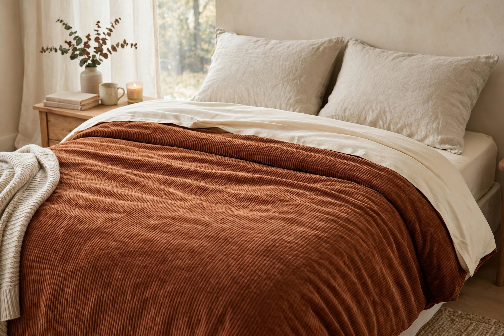 Rust corduroy duvet cover with cream jersey sheets and oatmeal pillows.