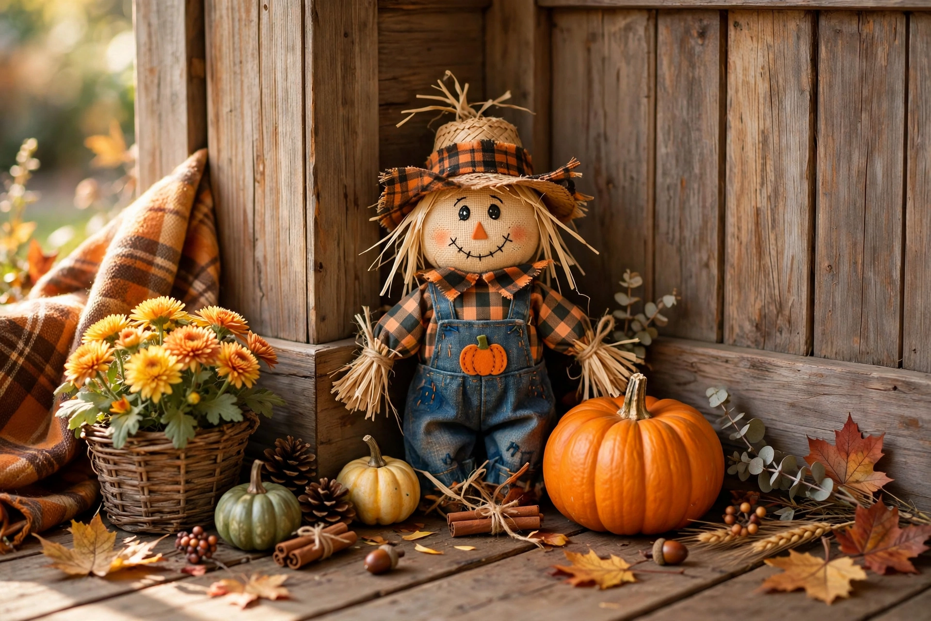 Small decorative scarecrow with pumpkin in a porch corner.