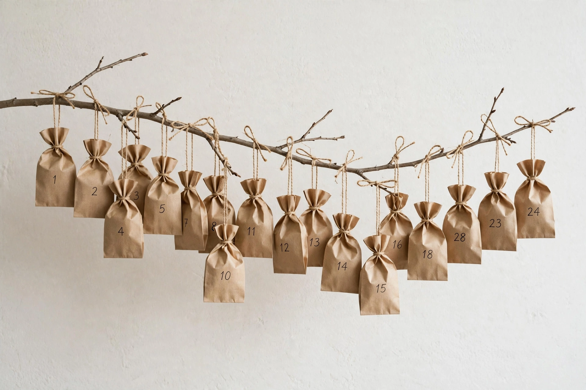 Minimalist Advent calendar of numbered paper bags hanging on a bare branch.