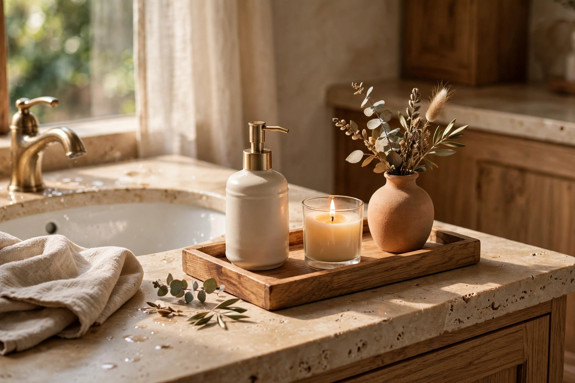 Styled vanity tray in a small bathroom — small bathroom decor idea