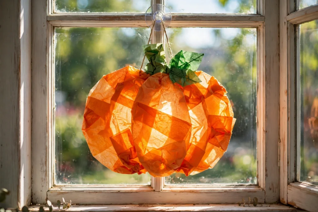 Tissue paper pumpkin suncatchers — Halloween craft for children