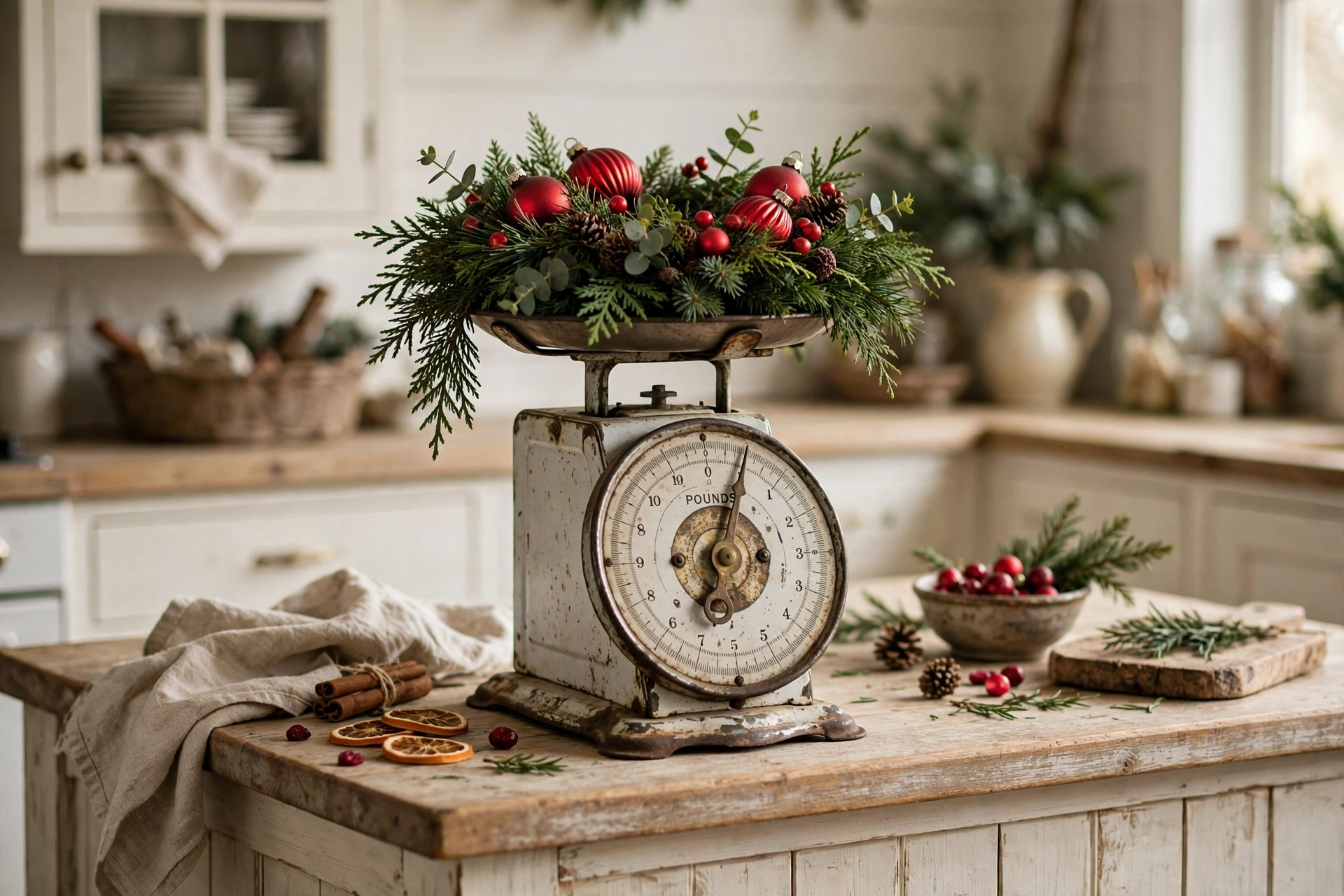 Vintage kitchen scale topped with a mini wreath and ornaments on a farmhouse kitchen island.