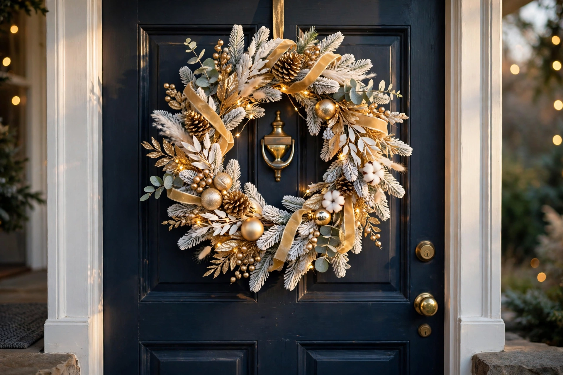 White and gold glam door — Christmas door idea