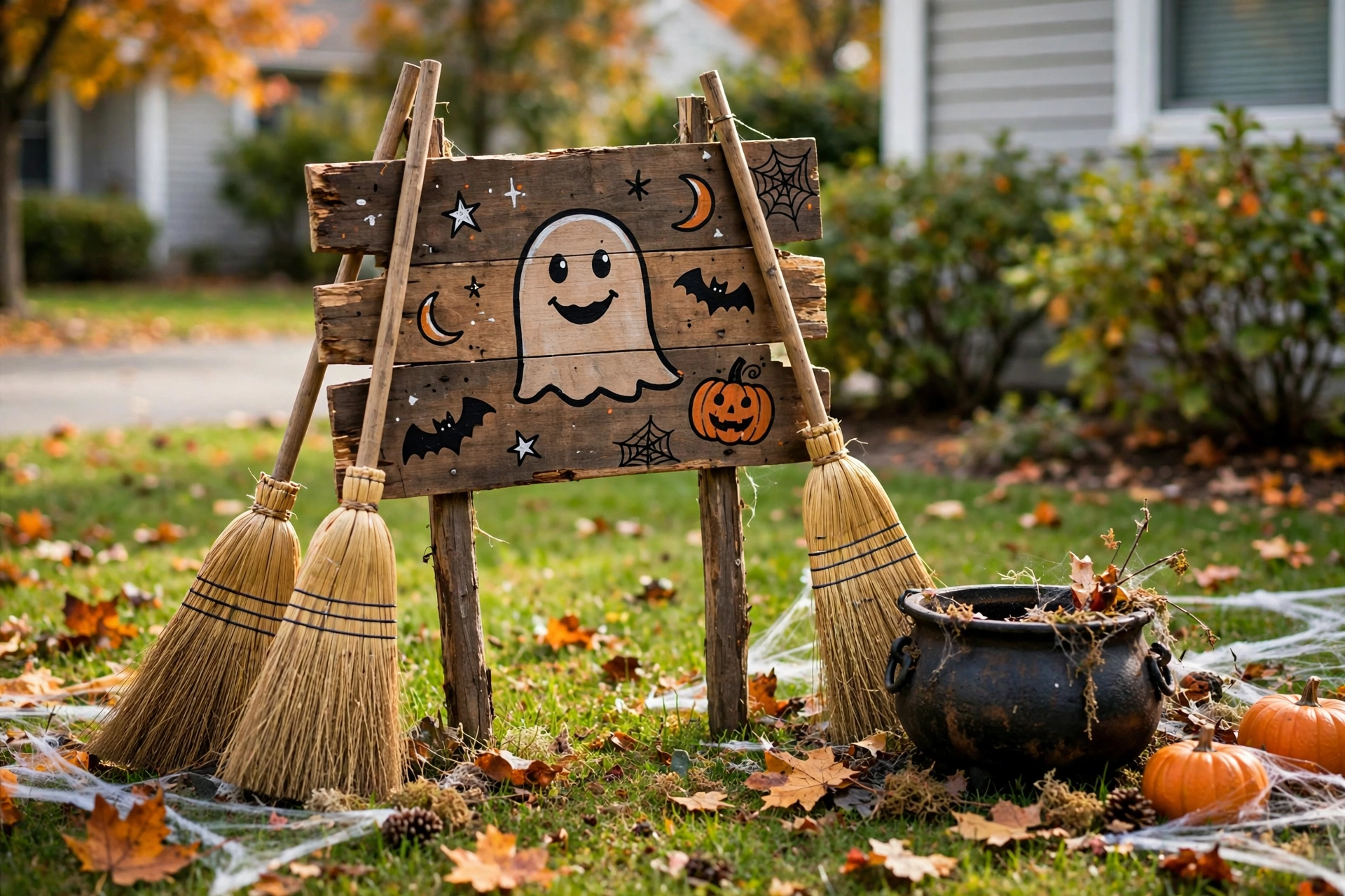 Funny Witch Parking Only sign with brooms leaning against it in a front yard.