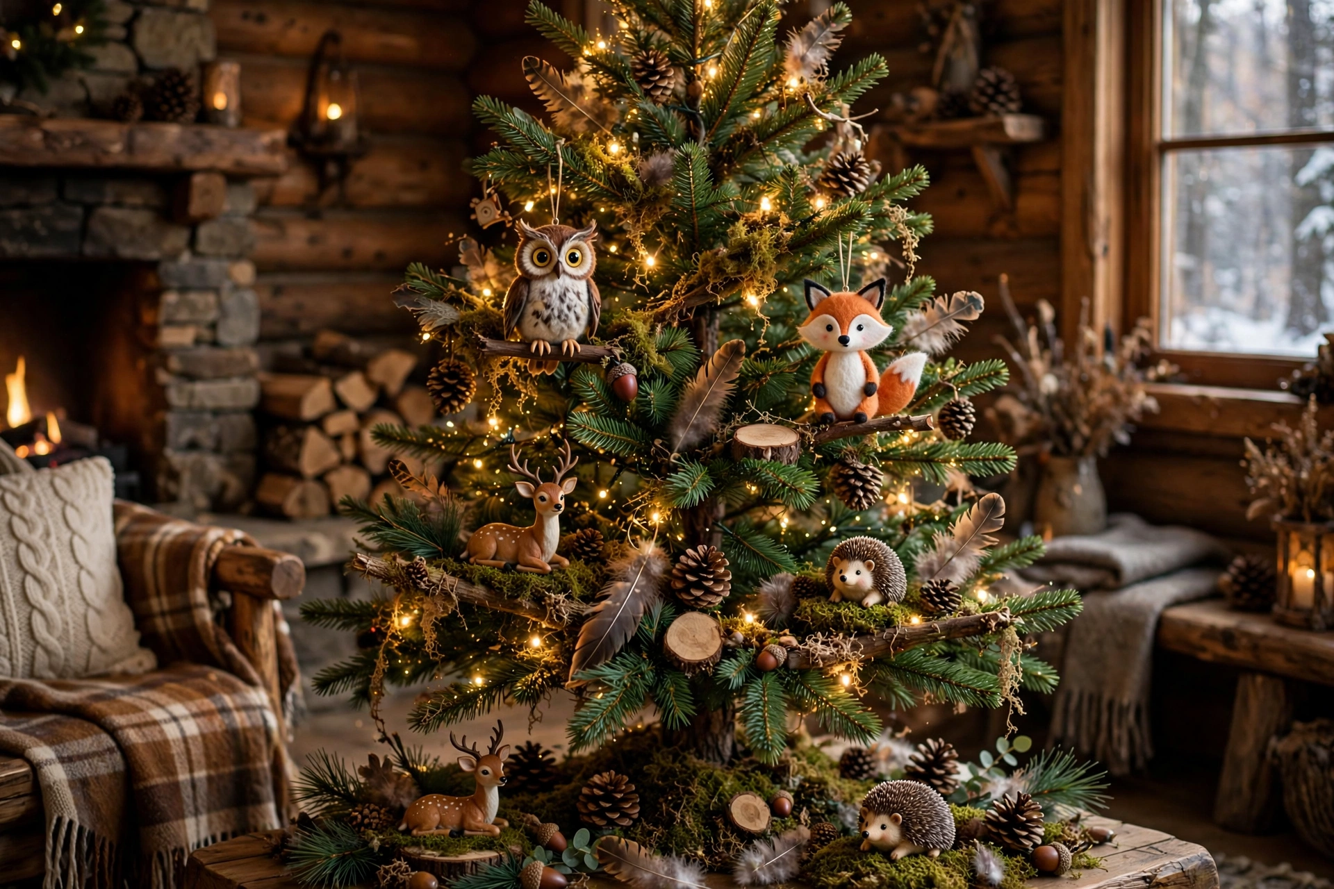 woodland Christmas tree with owl and fox ornaments, pinecones, and forest accents