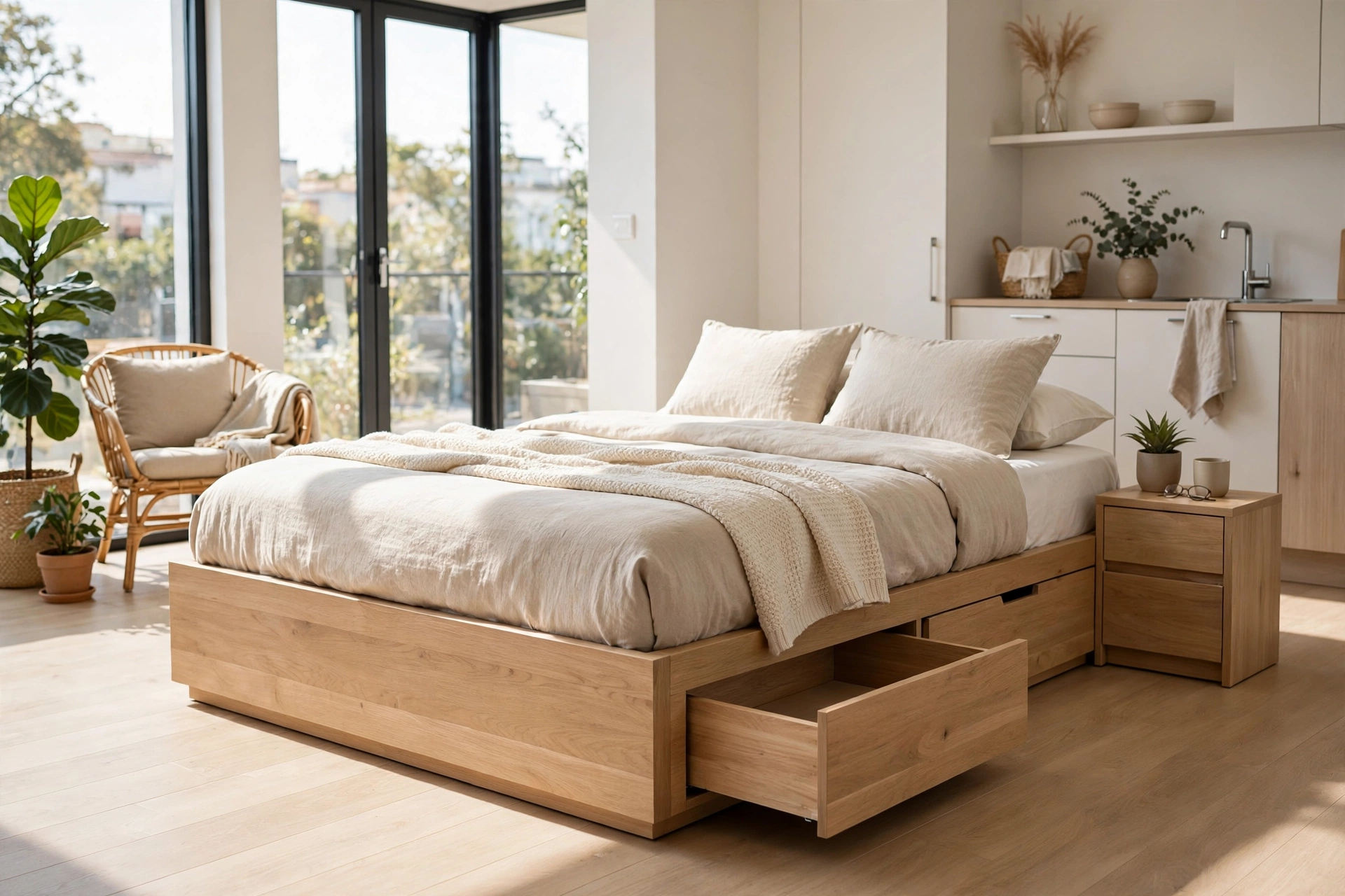 A modern platform bed with pull-out storage drawers in a tidy studio apartment