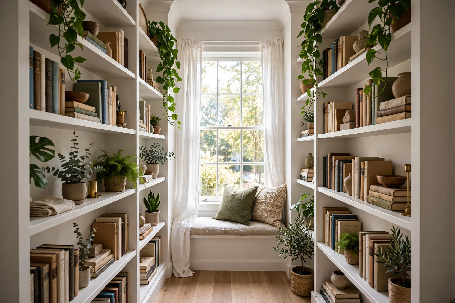 Built-in window shelving — narrow living room idea