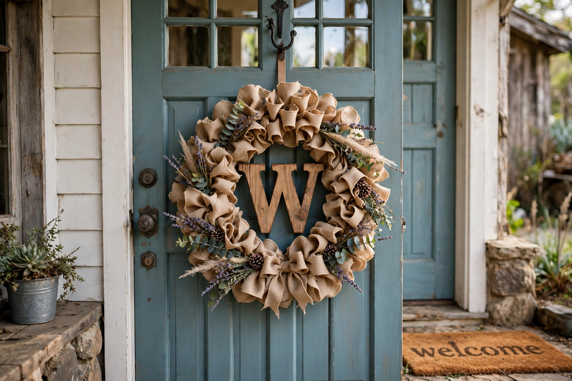 Ruffled burlap ribbon wreath with wooden initial on a farmhouse front door.