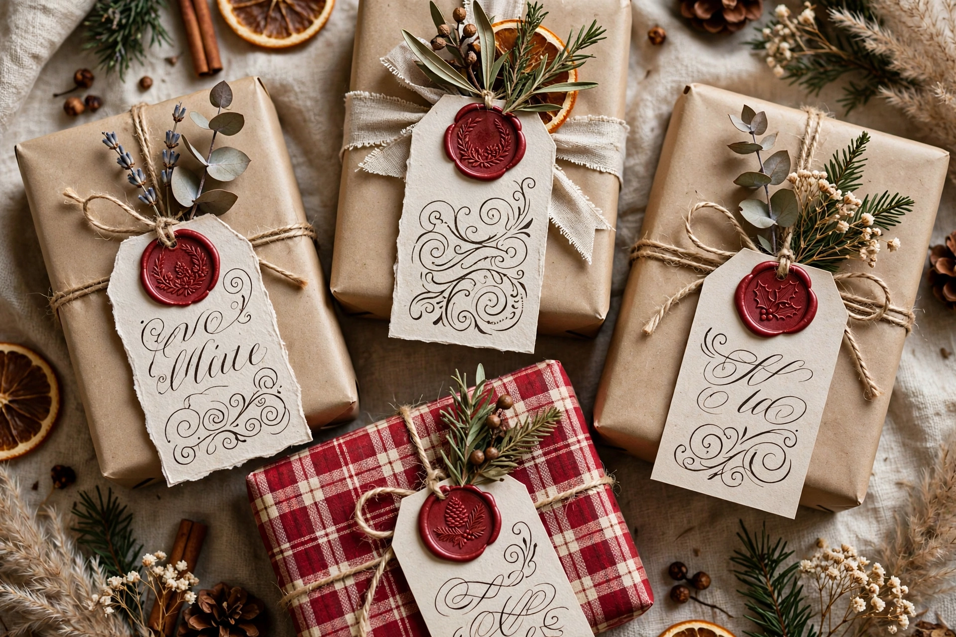 Hand-lettered calligraphy gift tags with wax seals and dried greenery on wrapped presents.