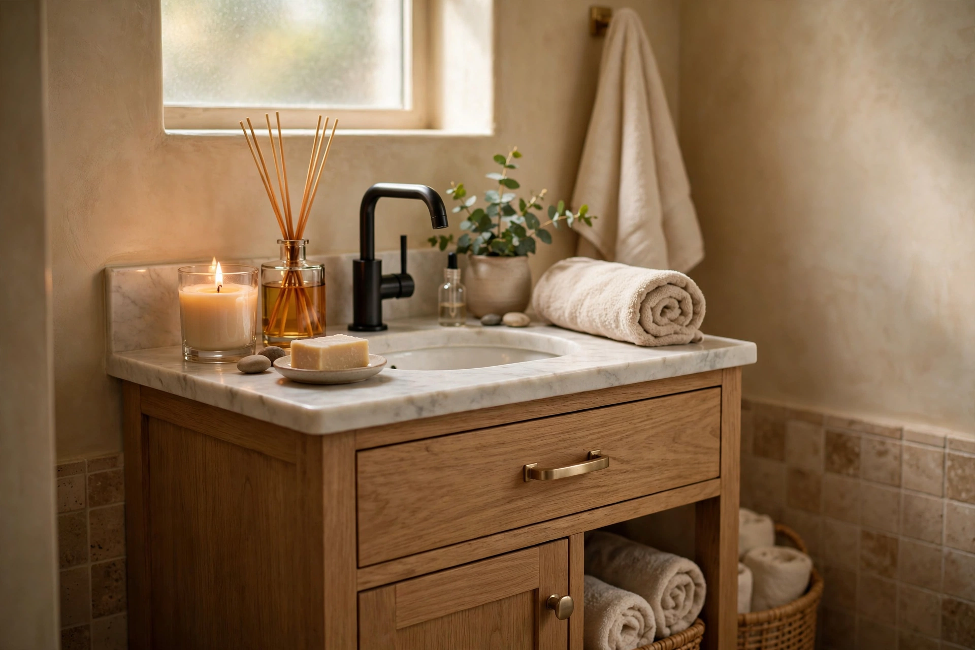 Candles and reed diffuser in a small bathroom — small bathroom decor idea