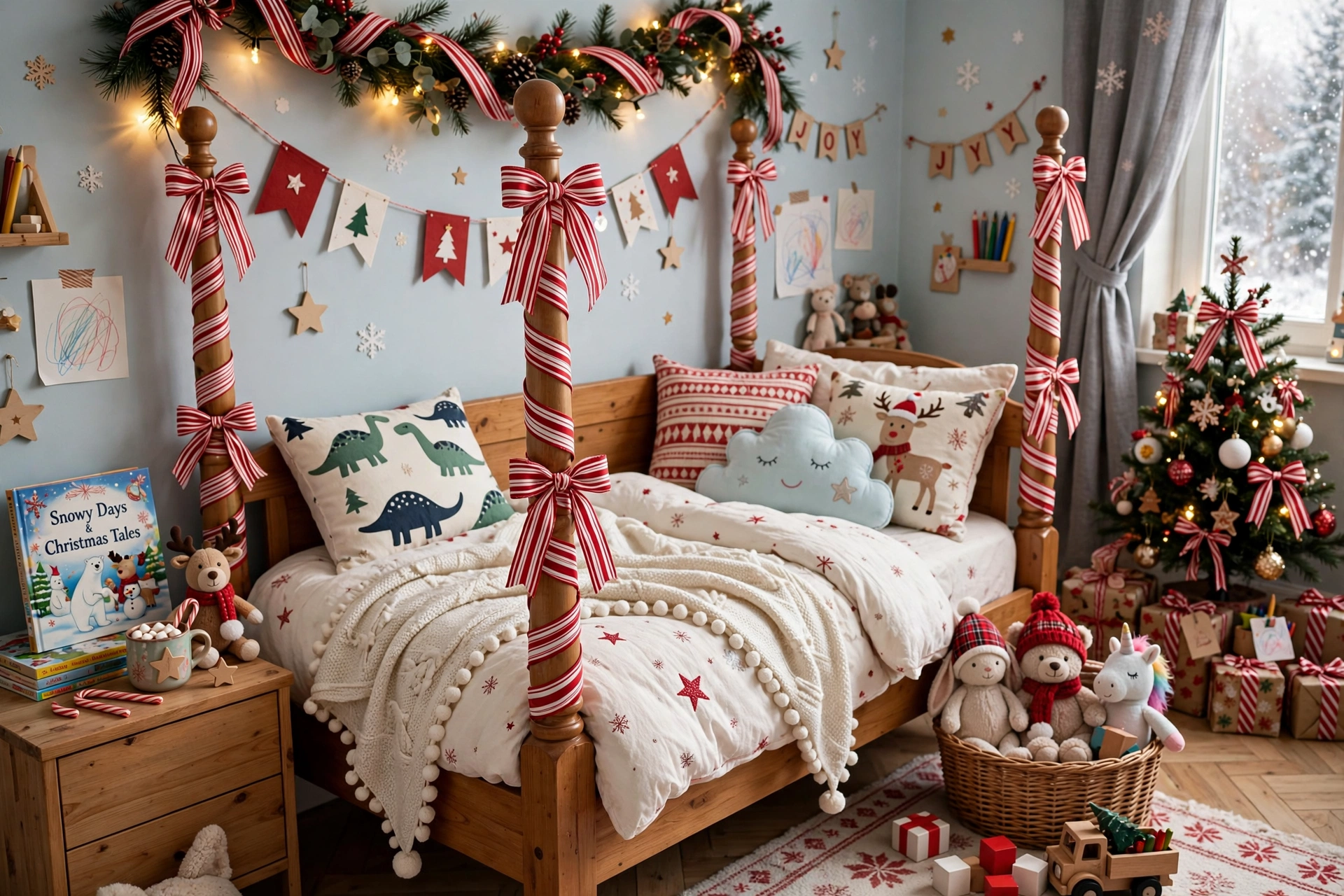 Candy cane bedposts — Christmas bedroom idea for kids