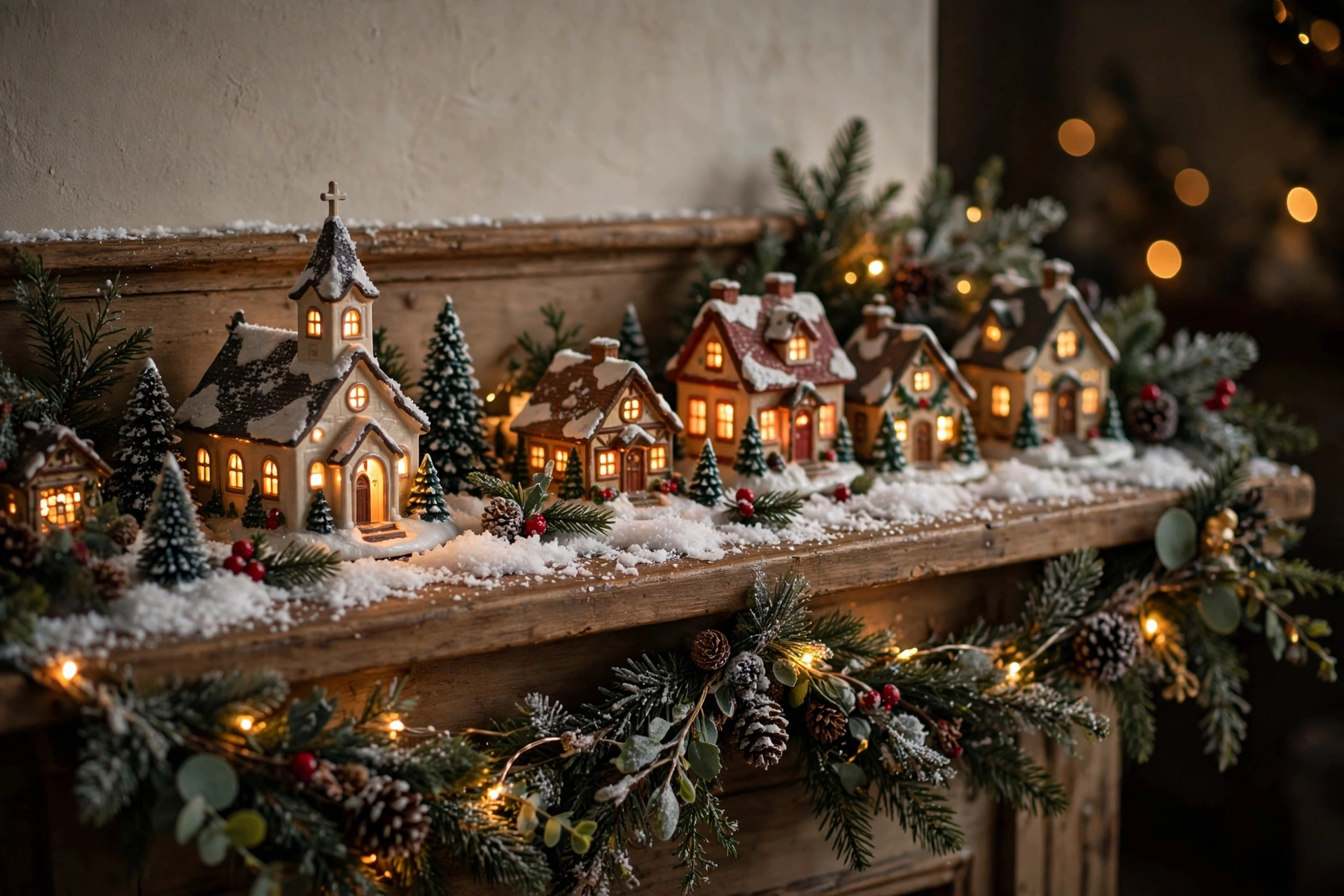 Illuminated miniature Christmas village with tiny houses on a mantel with faux snow.