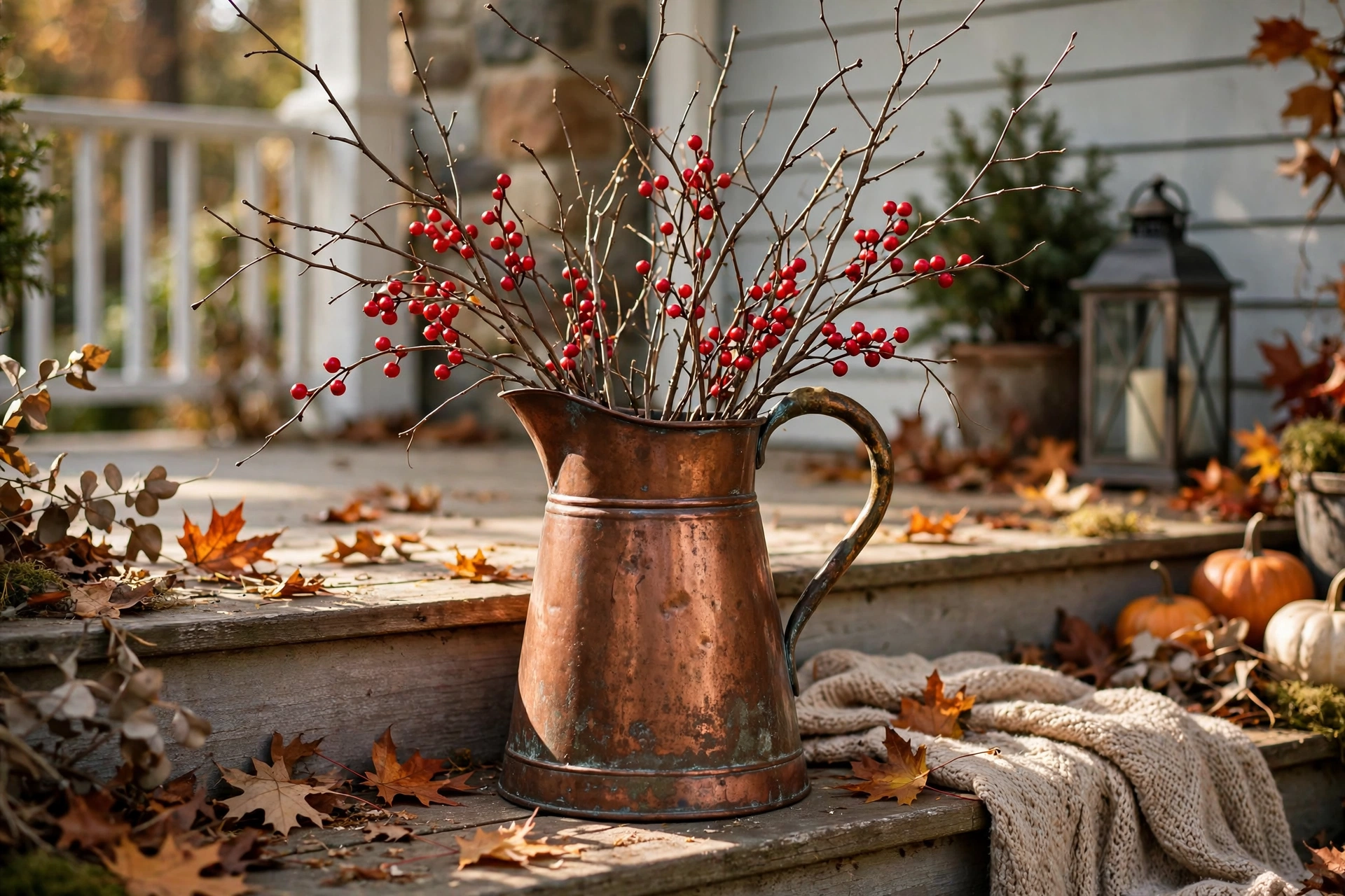 Copper pitcher filled with branches and berries on porch steps.